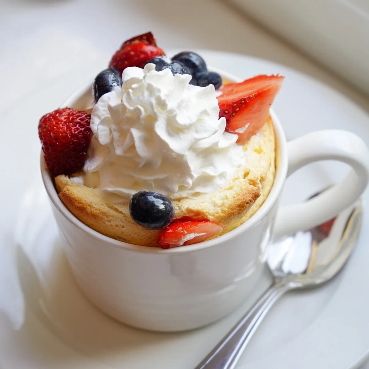 Fluffy individual angel food cake rising from a white mug after air frying