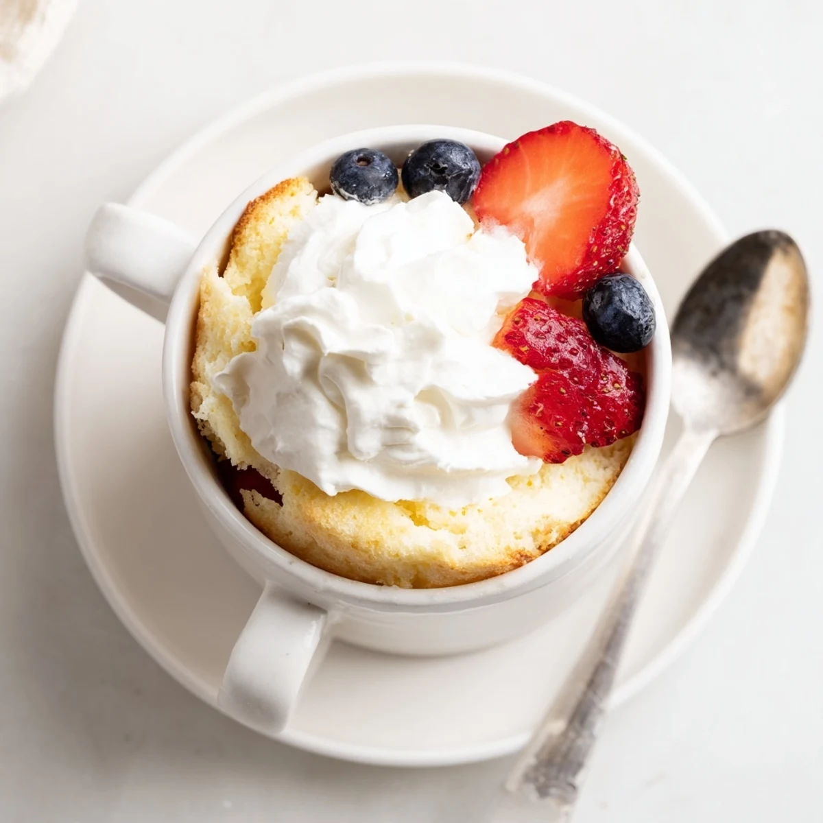 Golden air fryer angel food mug cake topped with whipped cream and fresh berries