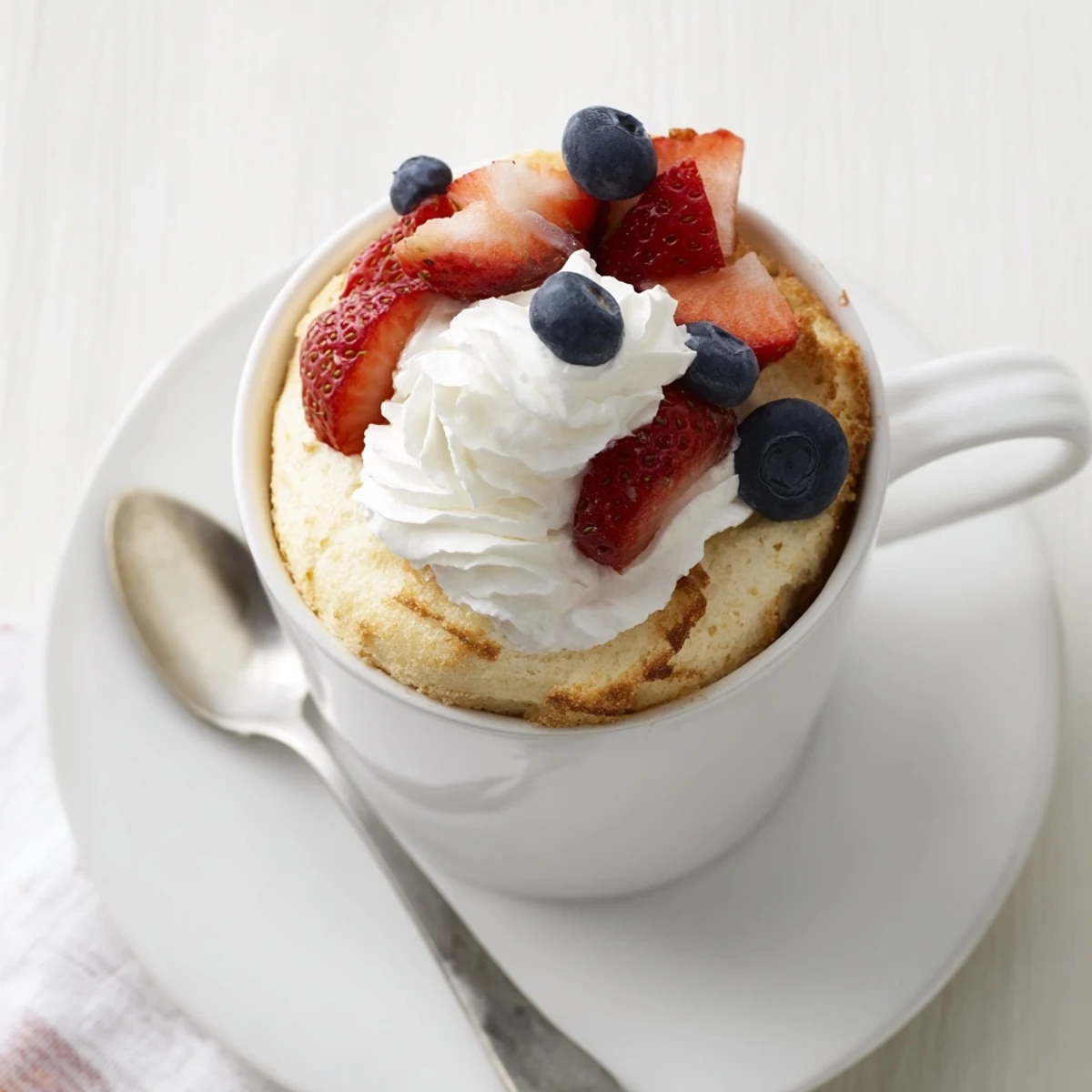 Light and airy dessert cake served in a mug with sweet berry garnish