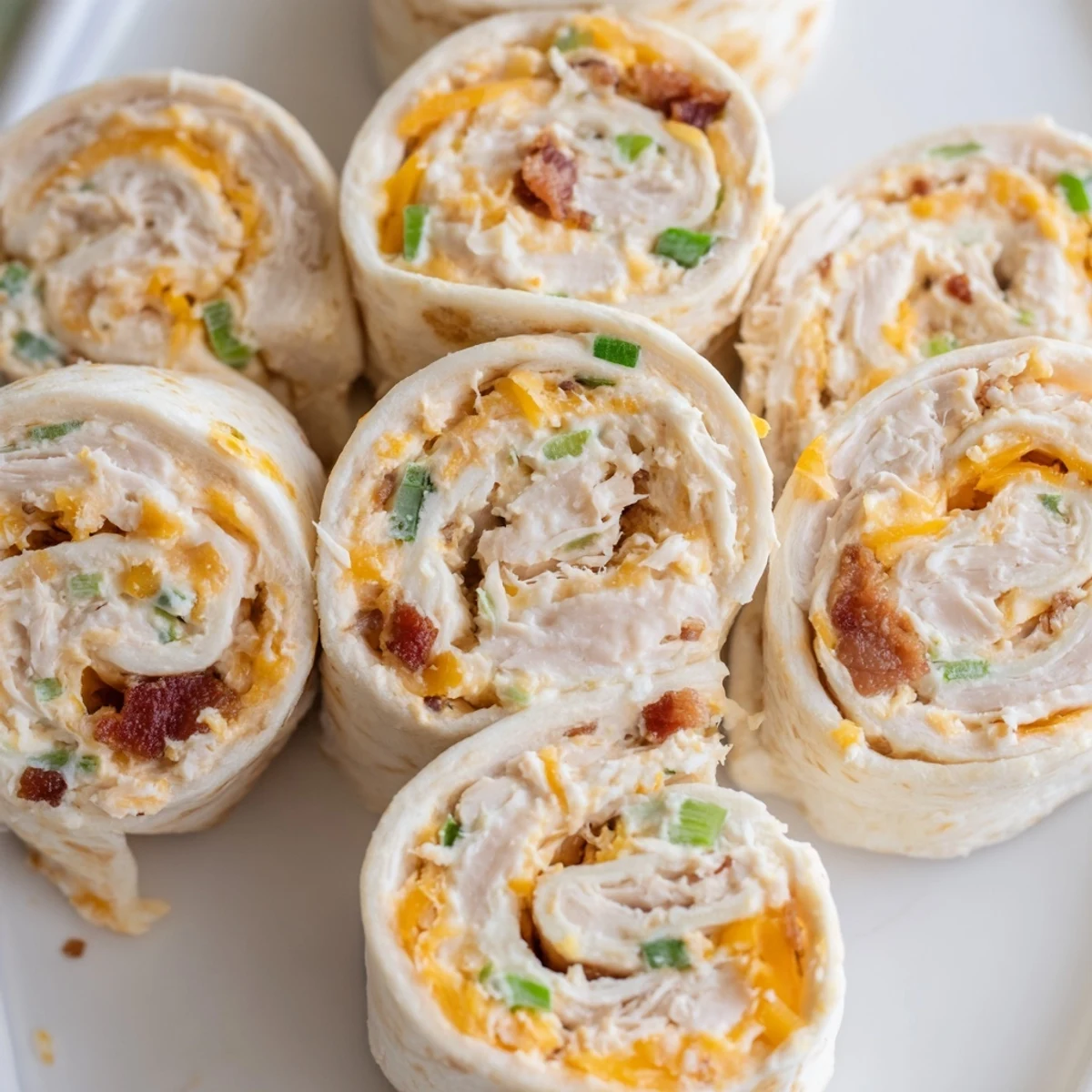 Spiraled slices of creamy chicken bacon crack chicken pinwheels arranged on white serving platter
