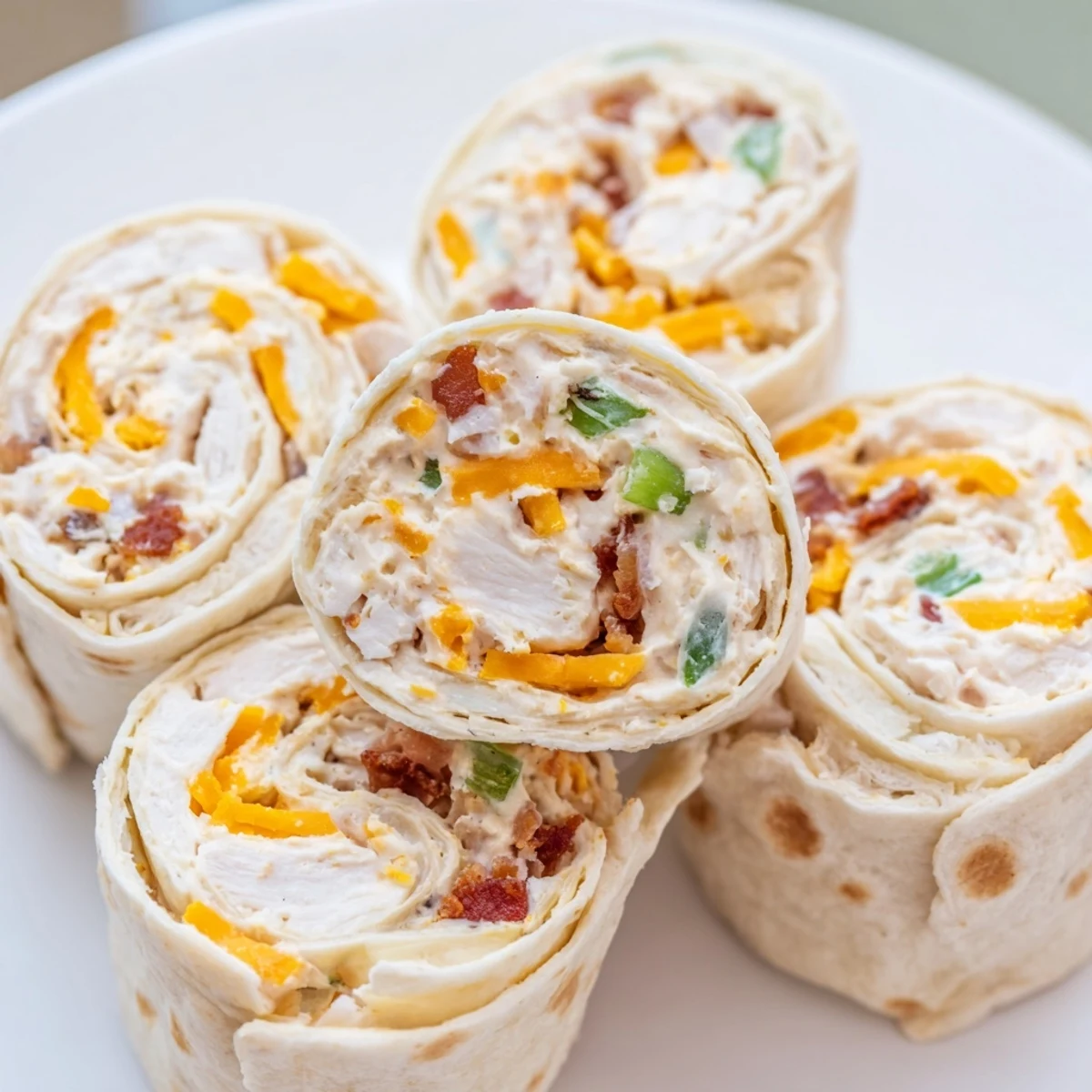 Tight rolled tortilla wraps filled with savory cheddar chicken crack chicken pinwheels ready for party