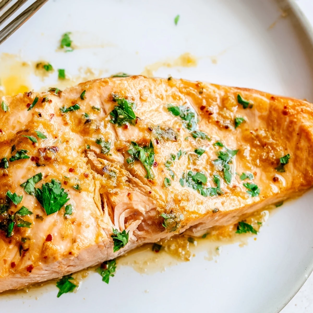 Golden glazed Texas Roadhouse Style Baked Salmon with caramelized edges and fresh lemon wedges on a white platter