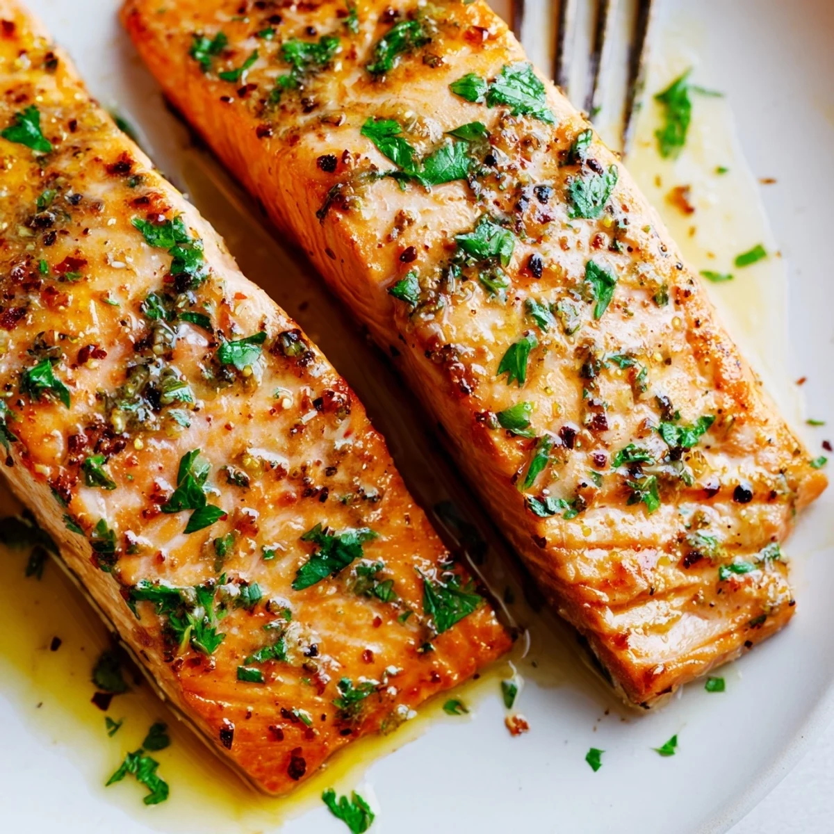 Flaky tender salmon fillets brushed with buttery lemon pepper glaze garnished with chopped parsley