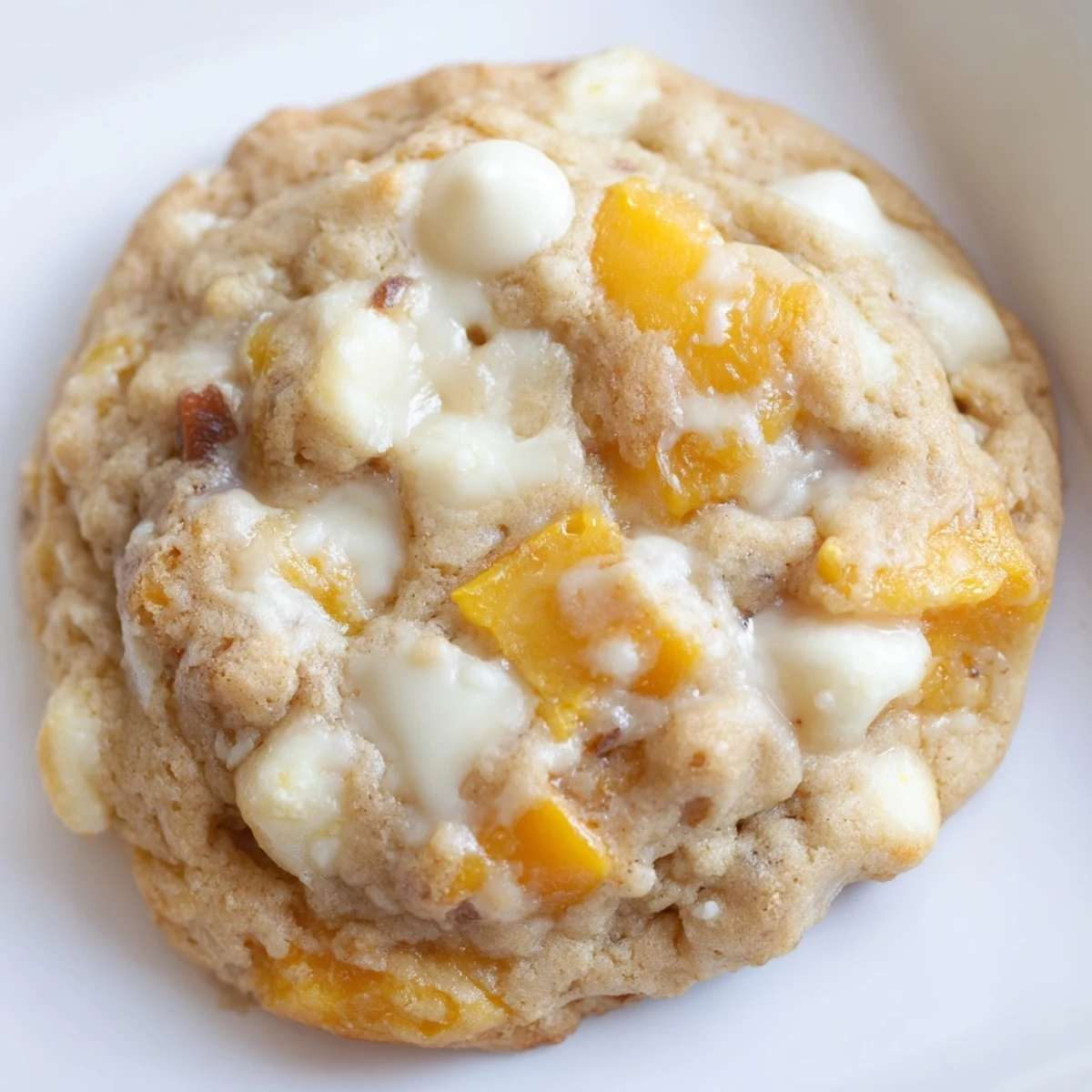 Golden Peaches and Cream Cookies studded with fresh peach chunks and melted white chocolate chips