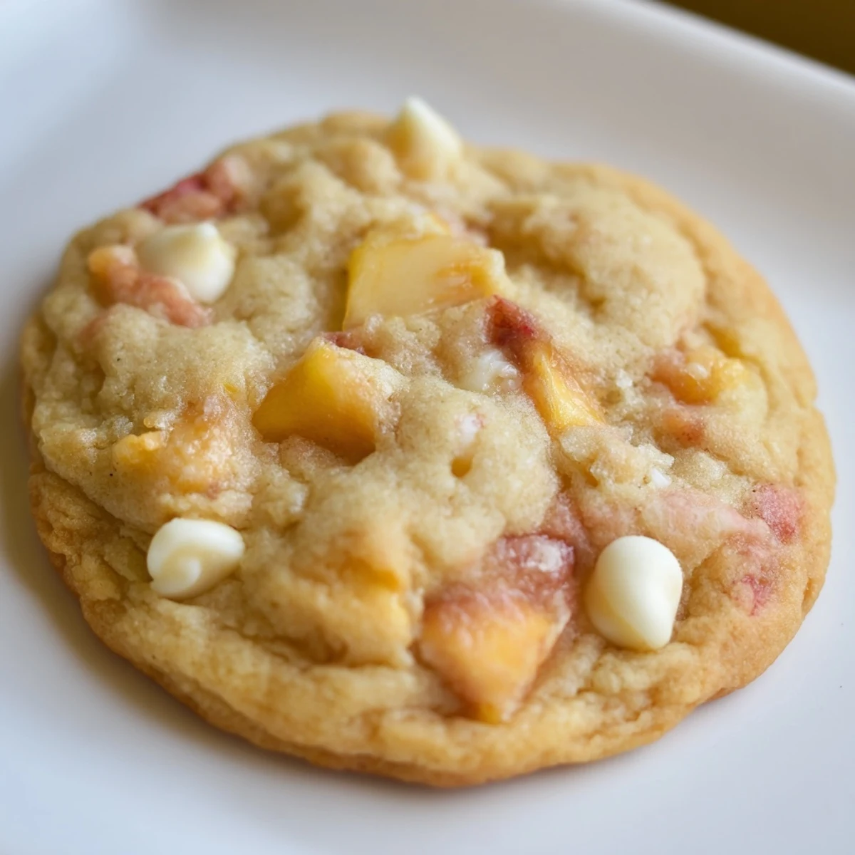 Soft chewy Peaches and Cream Cookies with juicy peach pieces and creamy white chocolate swirled throughout