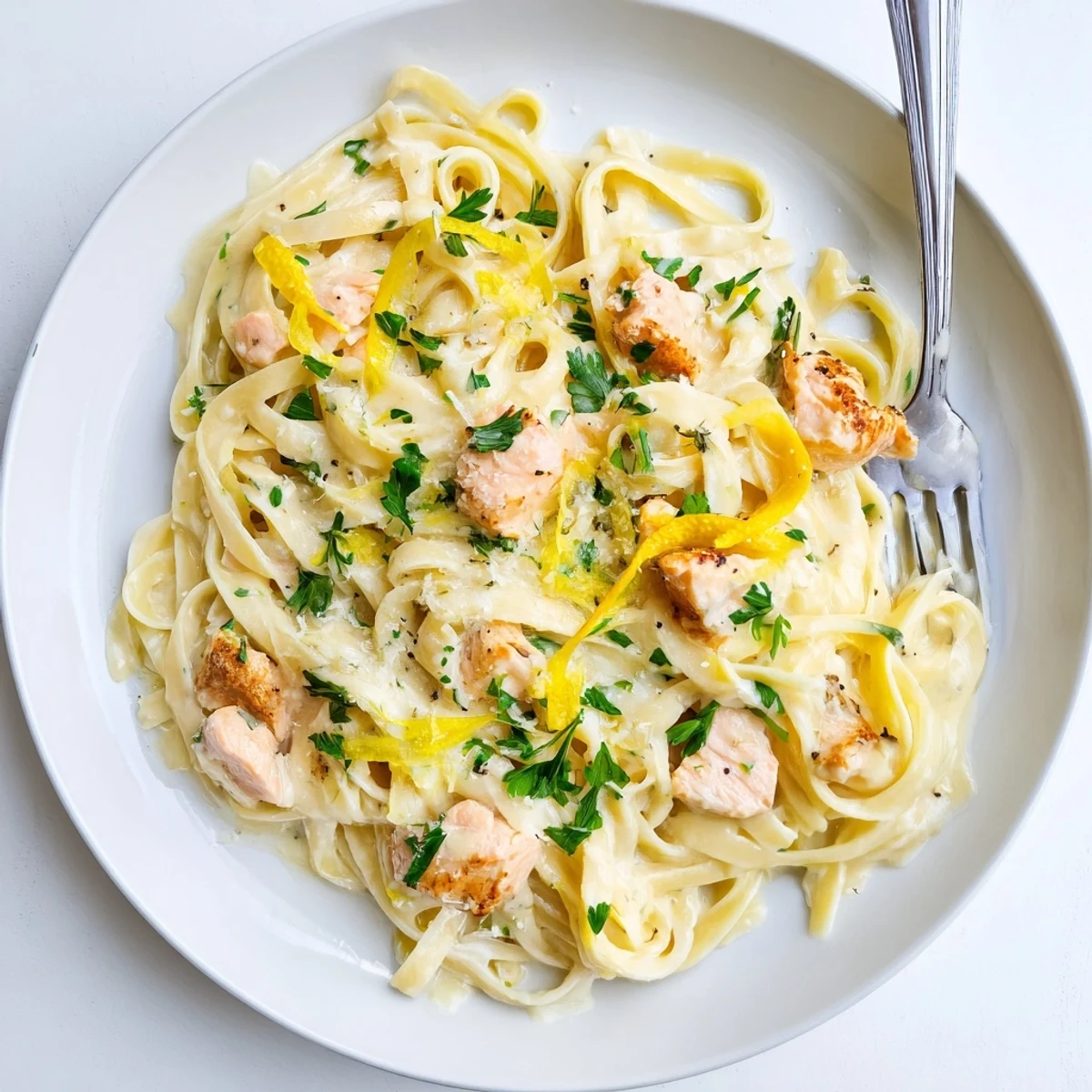 Golden seared salmon pieces atop creamy garlic butter fettuccine with fresh parsley garnish
