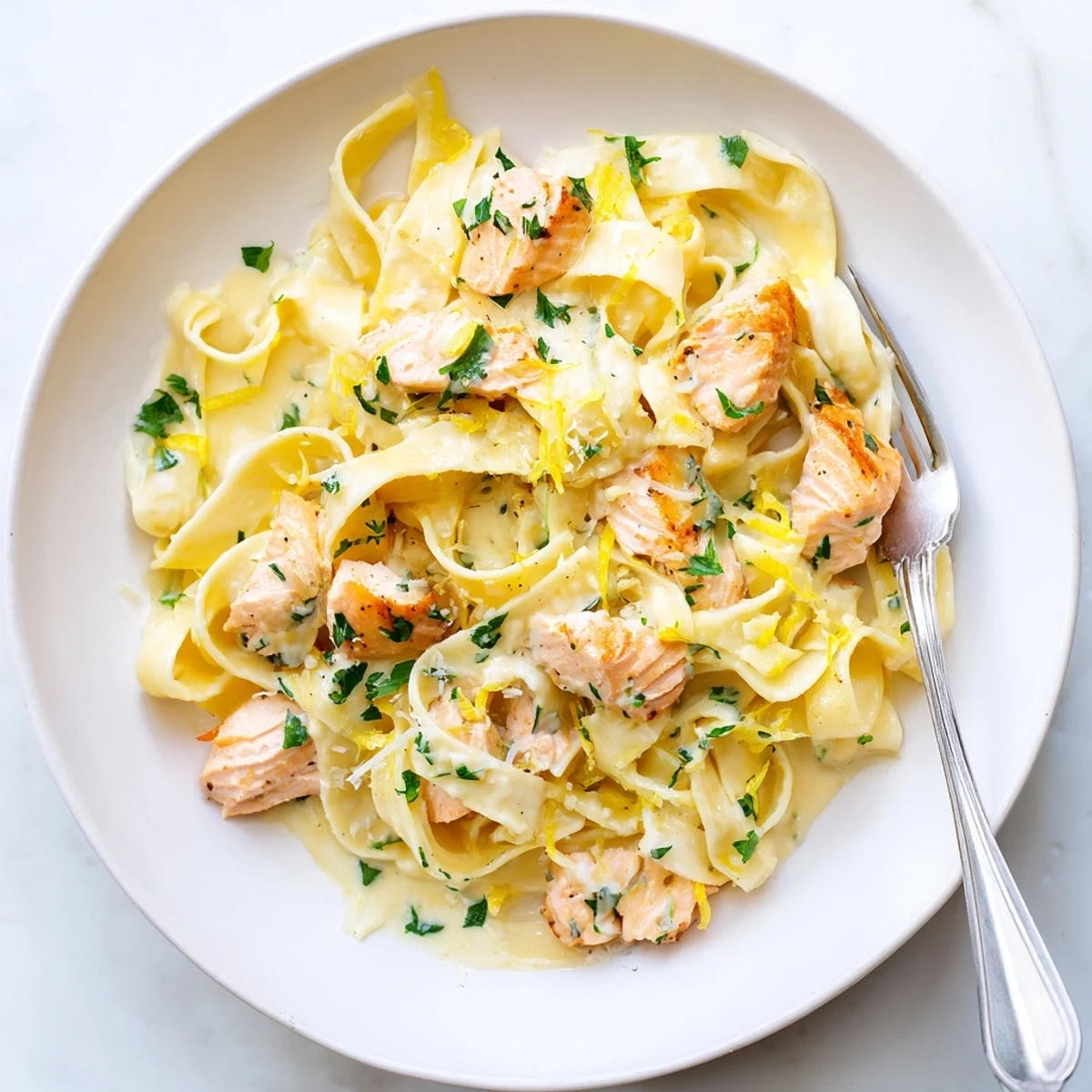 Close up of lemon garlic butter salmon pasta dish with white cream sauce swirls