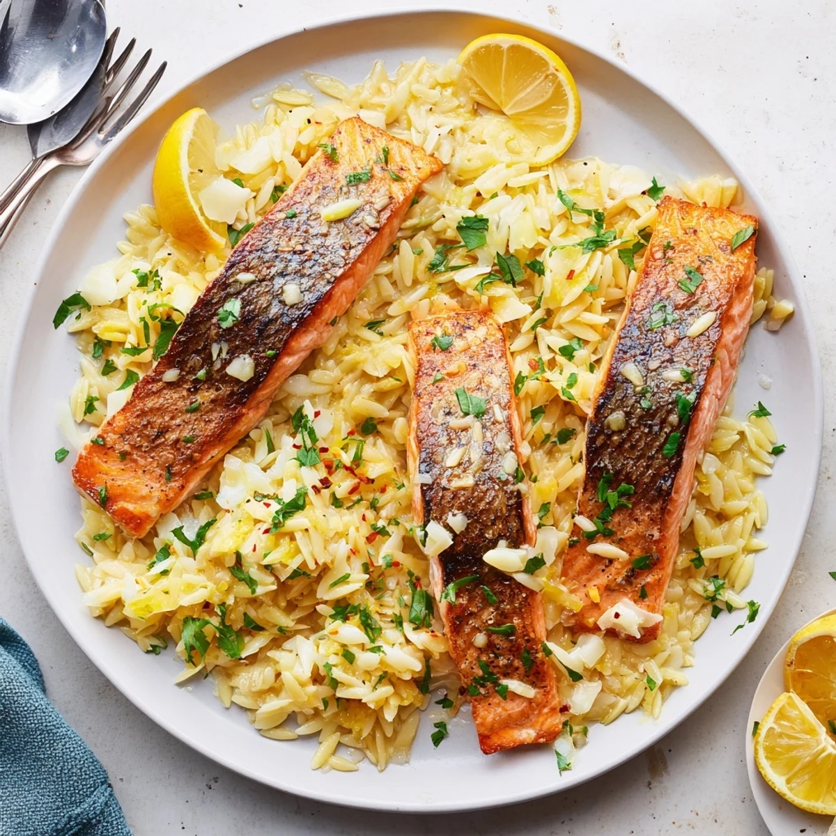 Mediterranean one skillet salmon with zesty lemon orzo pasta and Parmesan cheese