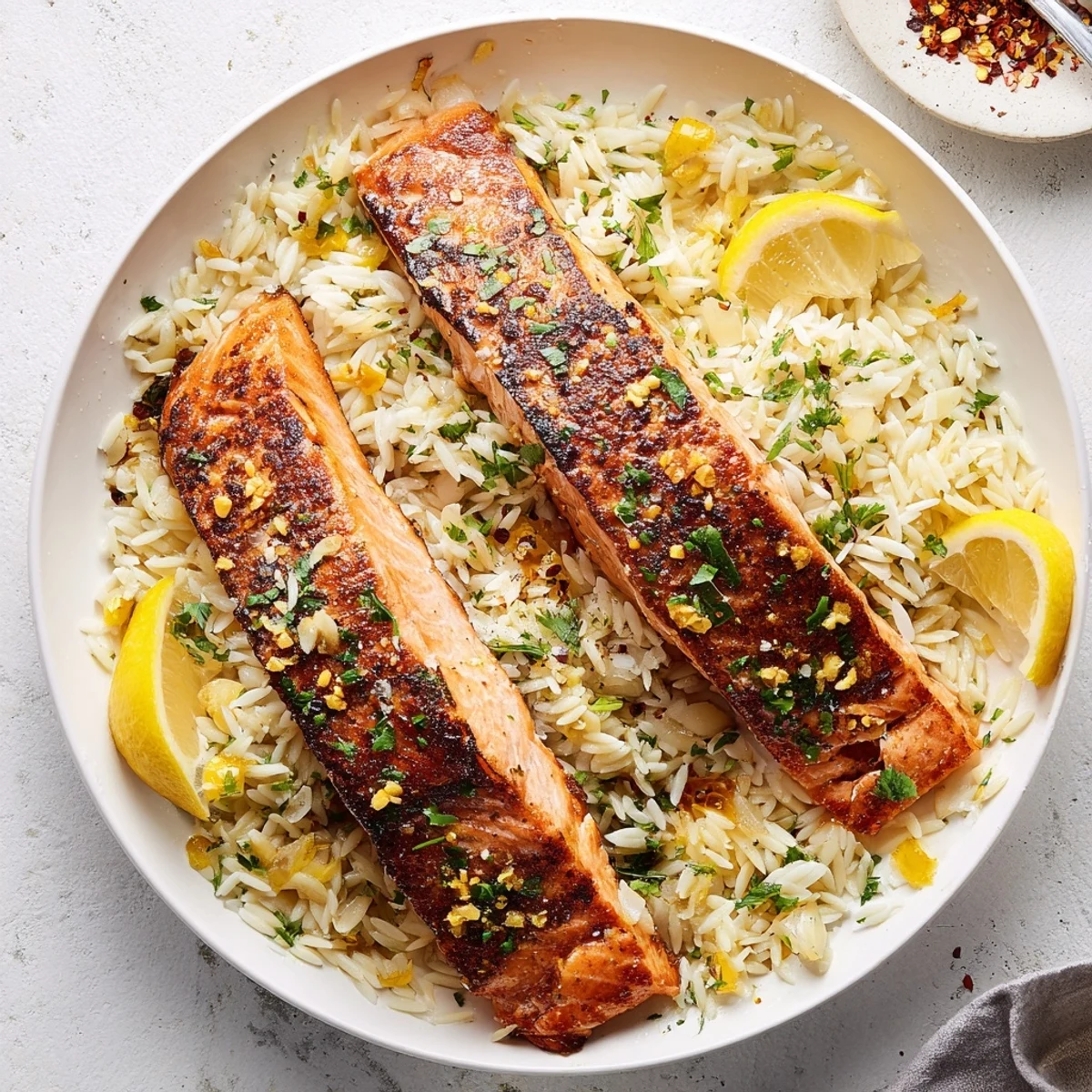 Golden seared salmon fillets resting atop creamy lemon orzo with fresh parsley