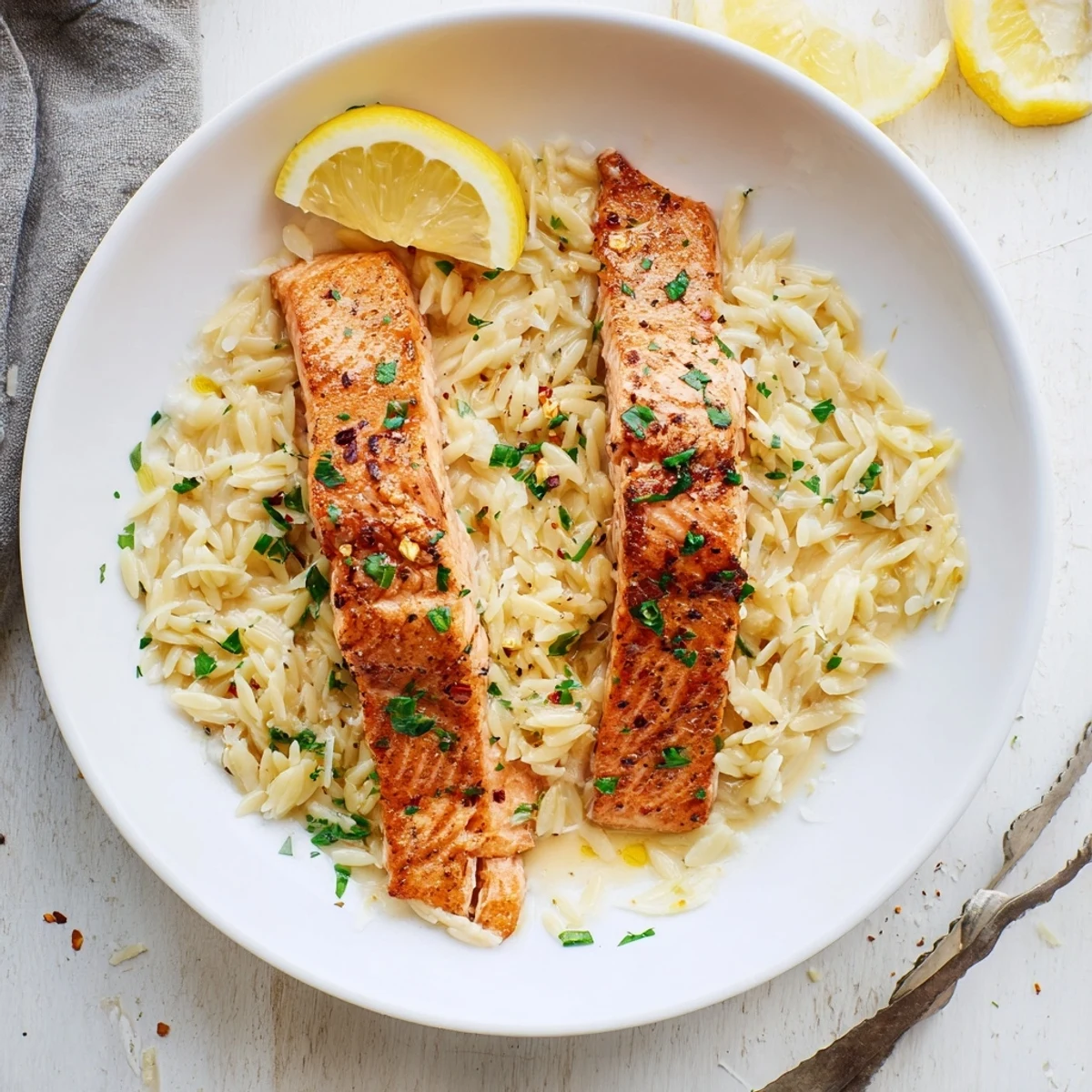 Perfectly cooked salmon nestled in bright lemon orzo garnished with parsley and lemon wedges