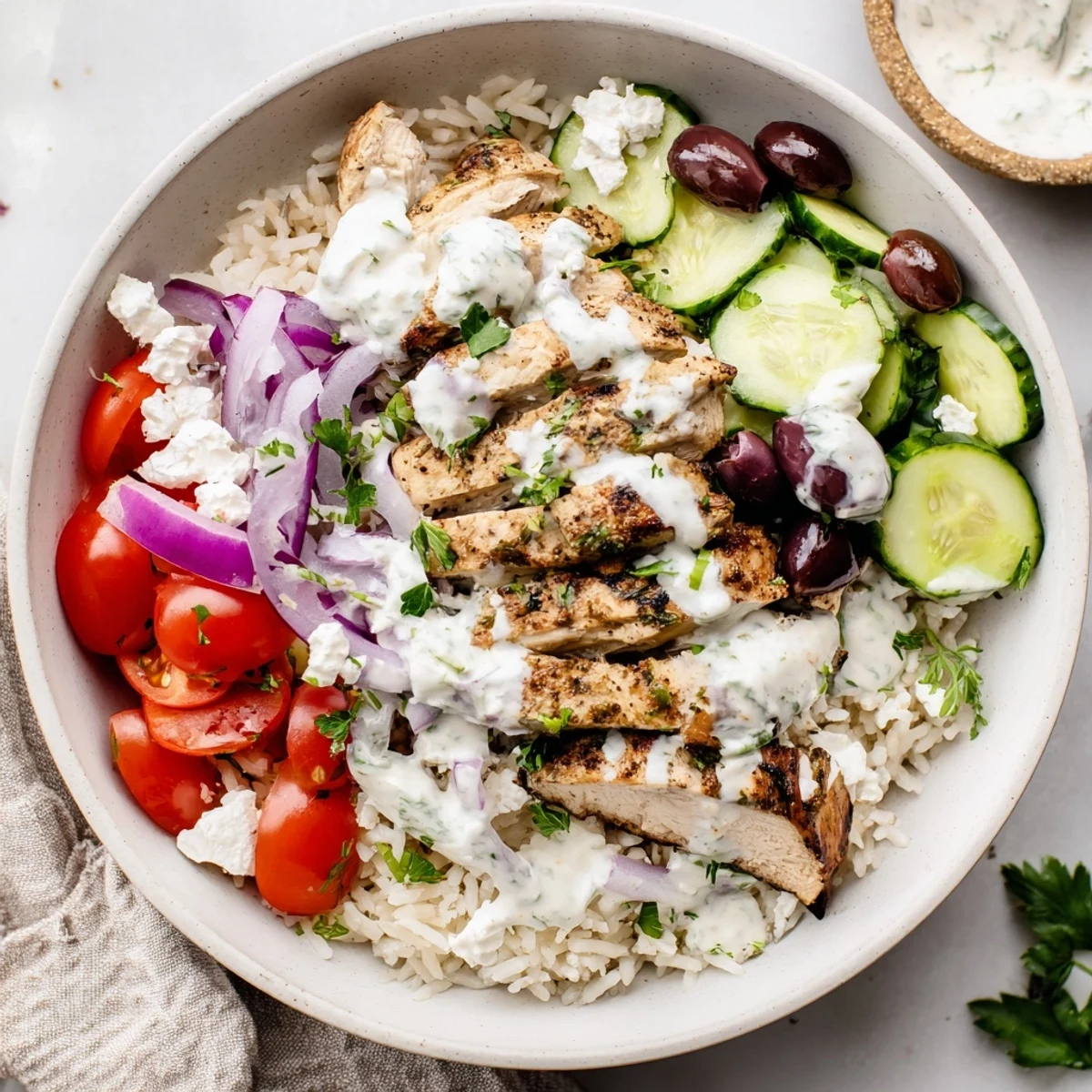 Golden marinated Greek chicken bowls layered over fluffy rice with colorful Mediterranean vegetables and creamy yogurt sauce