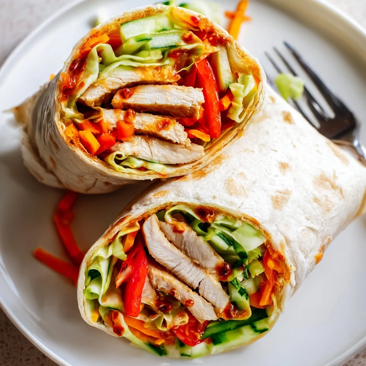 Fresh sweet chili chicken wraps featuring juicy seasoned strips and colorful crunchy vegetables