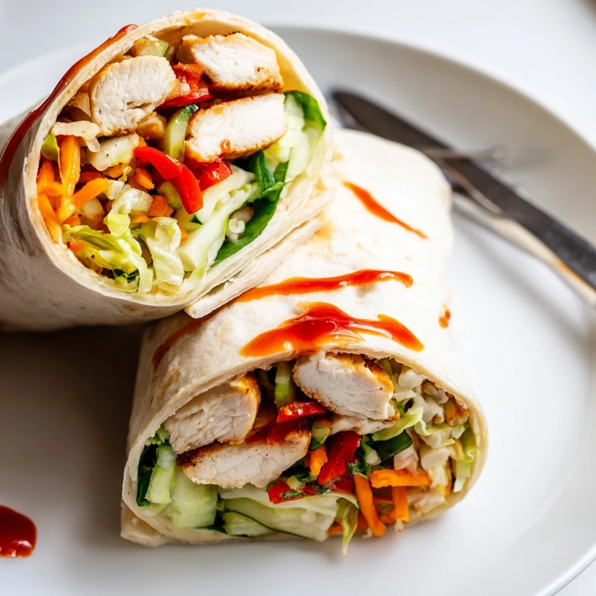 Golden sweet chili chicken wraps with crisp vegetables wrapped in soft flour tortillas