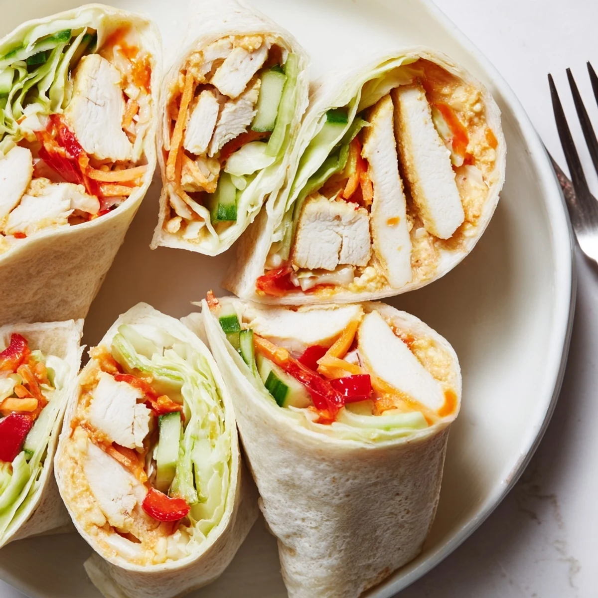 Homemade sweet chili chicken wraps sliced in half revealing vibrant layers inside tortilla