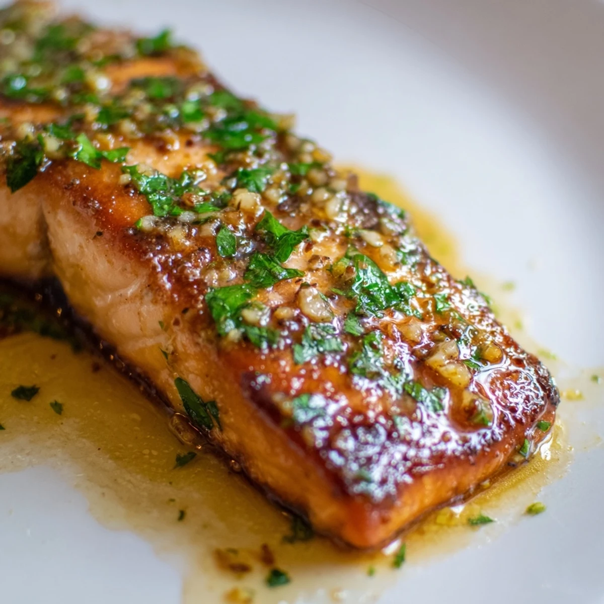 Crispy skinned salmon topped with aromatic garlic butter sauce and lemon wedges on white plate