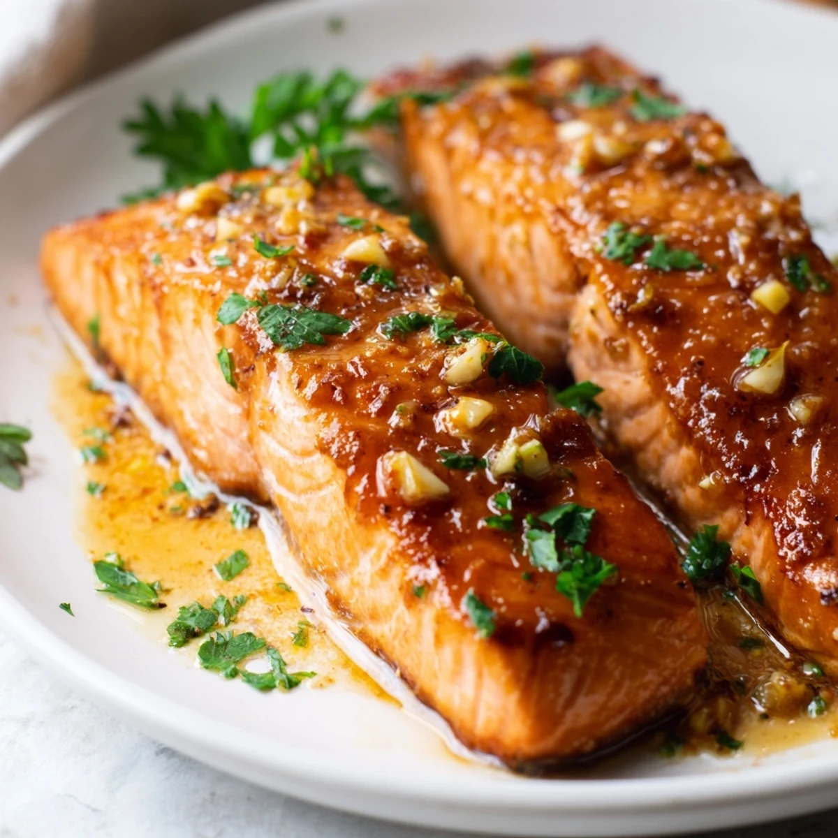 Golden pan seared salmon fillets drizzled with melted garlic butter and fresh parsley