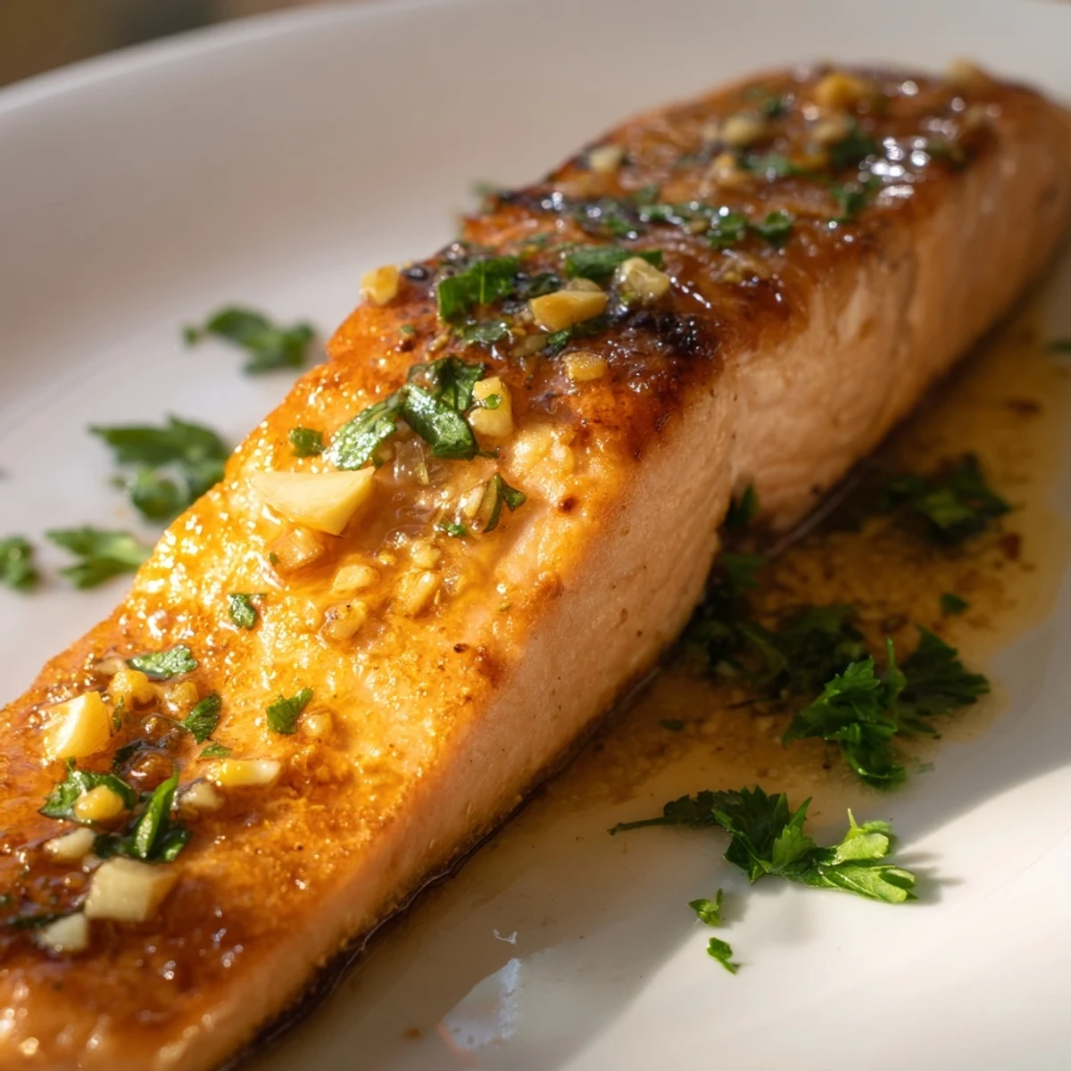 Succulent pan seared salmon glazed in rich garlic butter with green parsley garnish