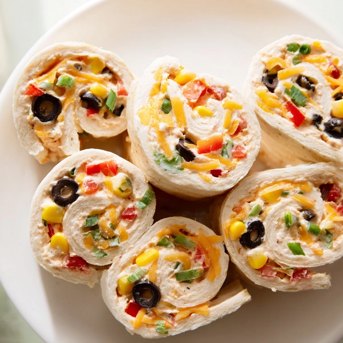 Bite-sized taco cream cheese pinwheels arranged on serving platter with colorful vegetable filling visible