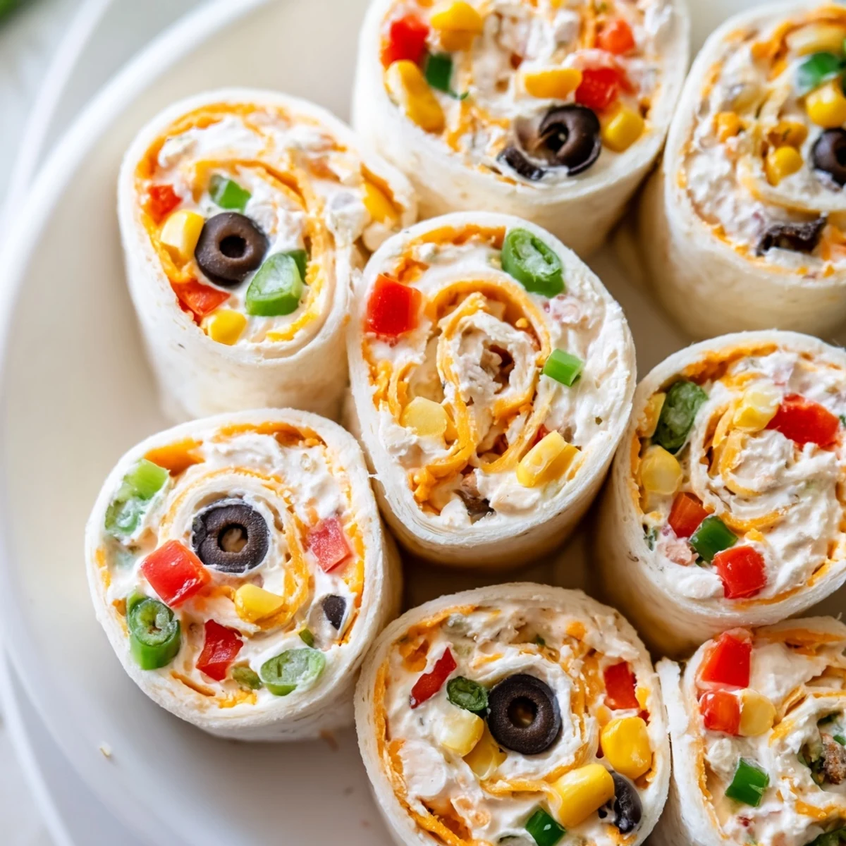 Colorful taco cream cheese pinwheels rolled in flour tortillas with bell peppers and cheddar