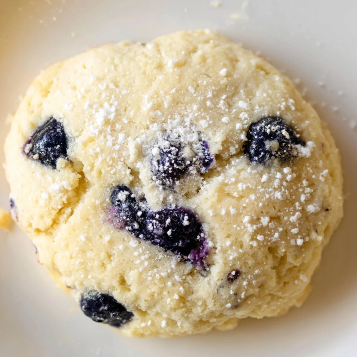 Golden soft lemon blueberry cookies bursting with fresh blueberries on a white plate