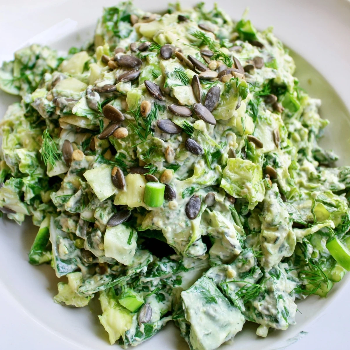Fresh Green Goddess salad bowl with creamy herbed dressing, crisp vegetables, and crunchy roasted sunflower seeds