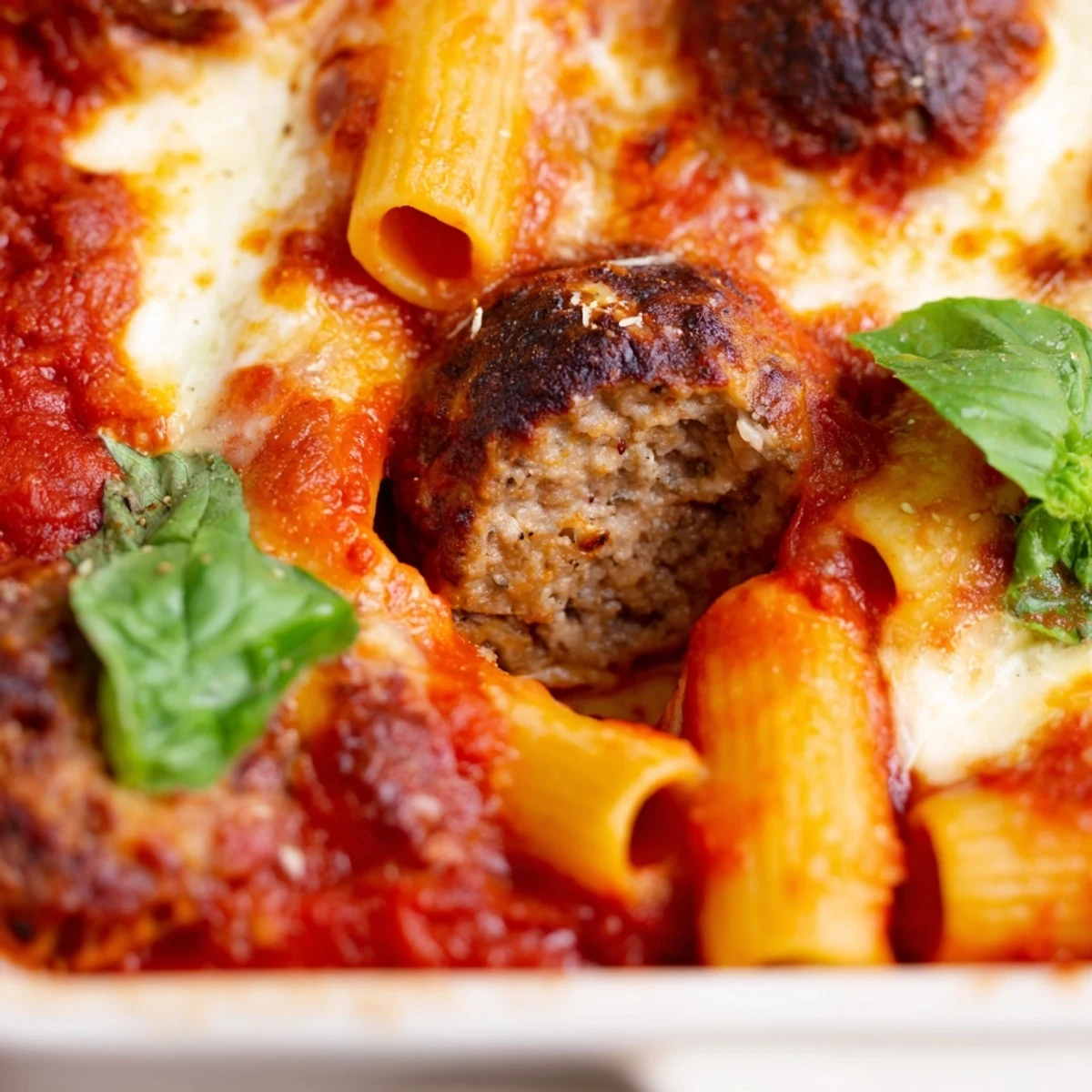 Golden melted mozzarella covers tender meatballs and pasta in this Italian meatball pasta bake bubbling with rich tomato sauce