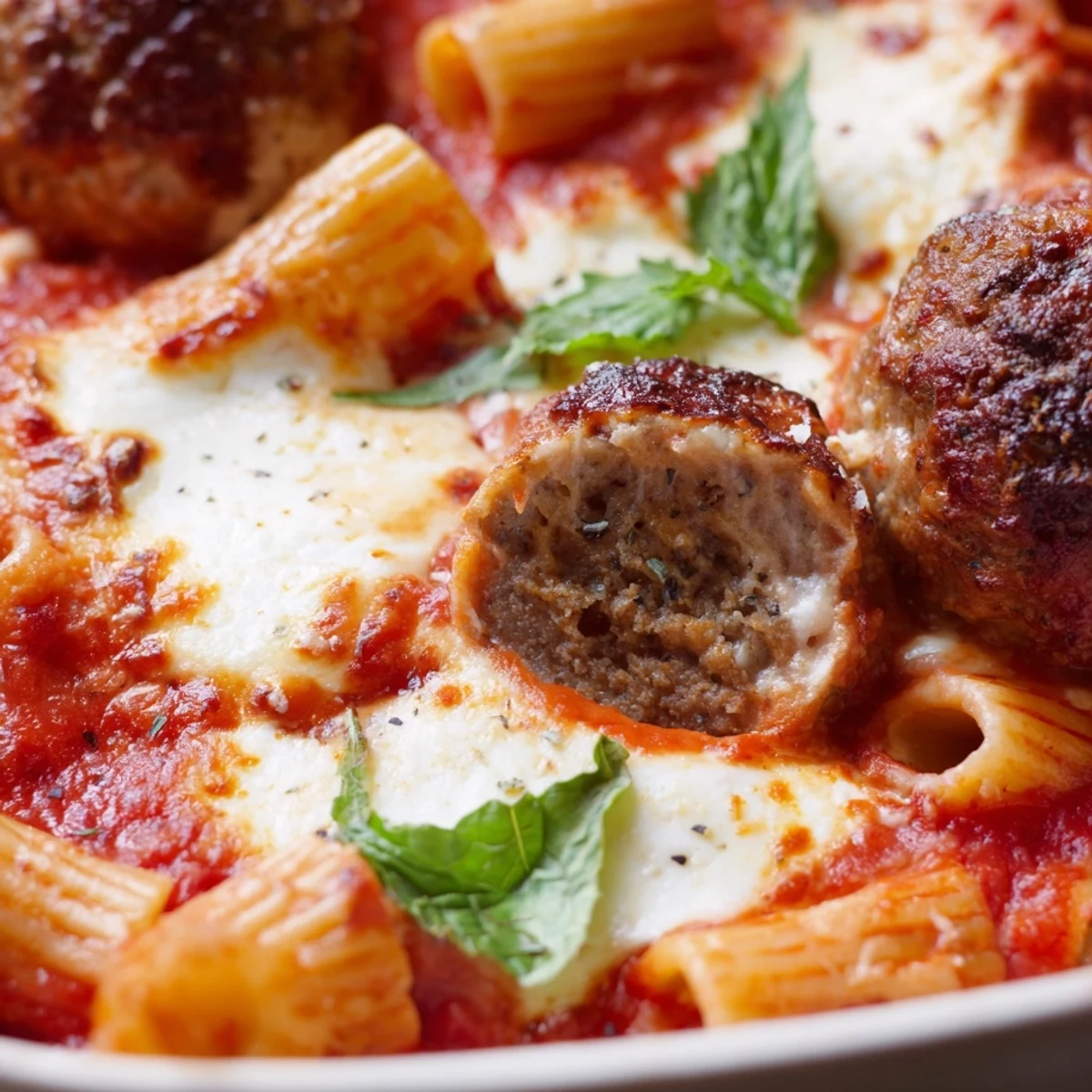 Bubbling casserole dish with juicy homemade meatballs nestled between al dente penne and melted cheesy topping in Italian meatball pasta bake
