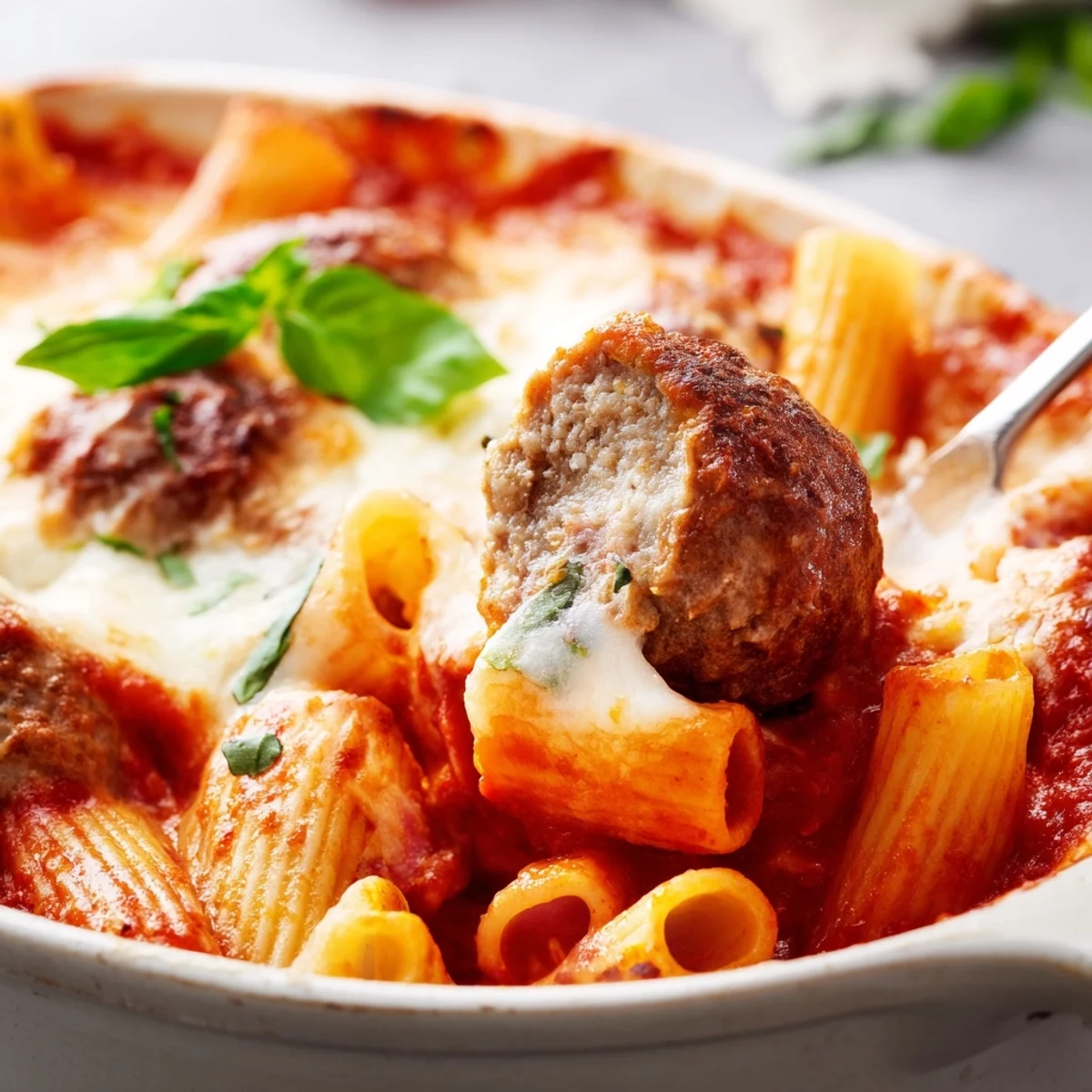 Fresh basil garnishes this hearty Italian meatball pasta bake featuring browned beef meatballs and layers of gooey melted mozzarella cheese
