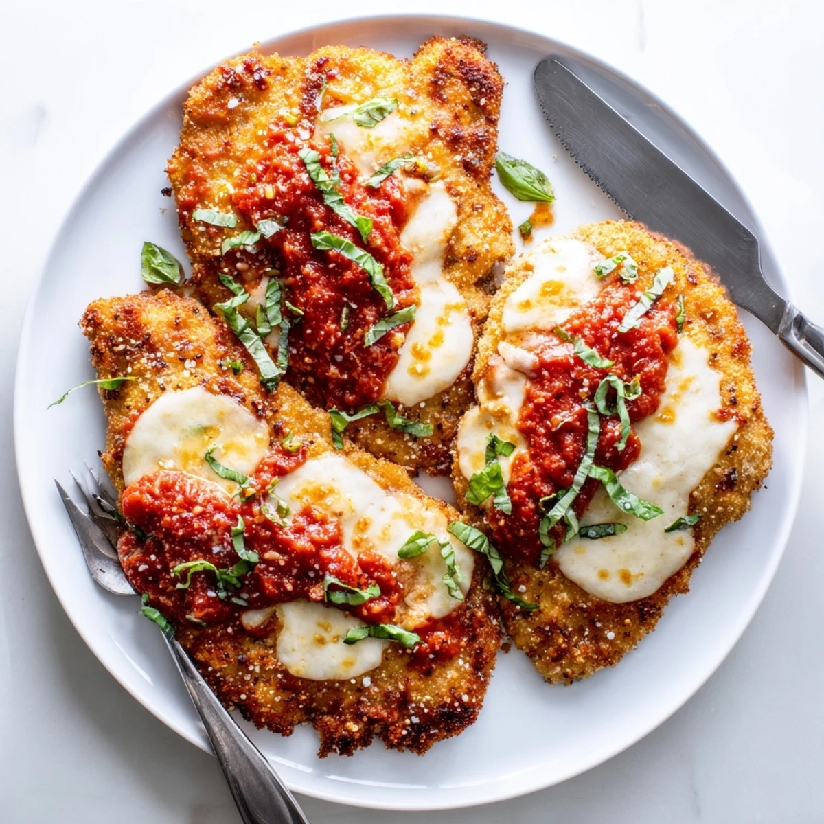 Crispy almond flour crusted chicken parmigiana baked to perfection with zesty tomato sauce and fresh basil garnish