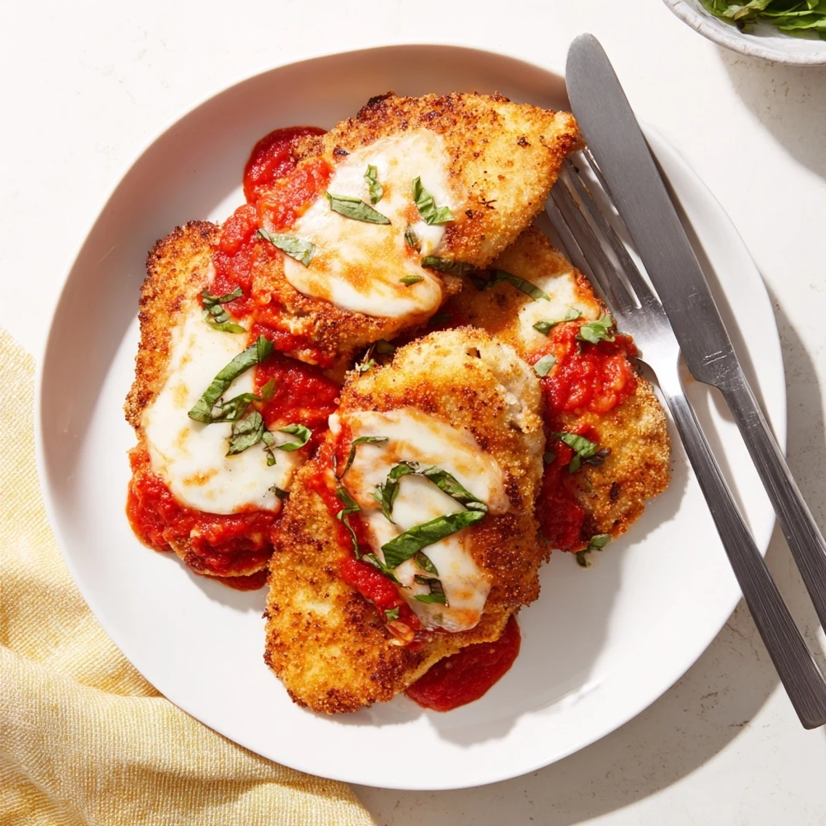 Golden brown low carb chicken parmigiana topped with bubbly melted mozzarella and rich marinara sauce on a white plate