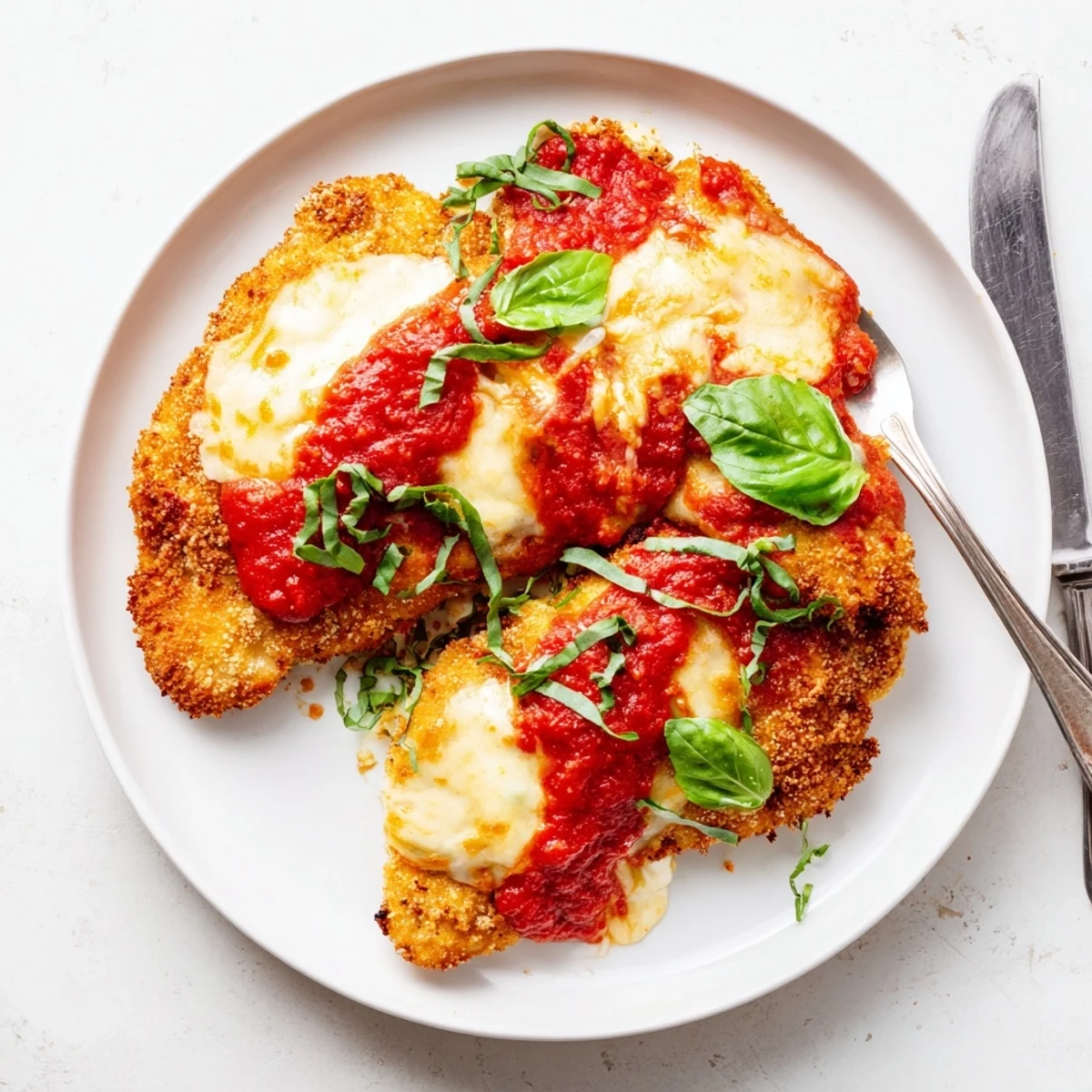 Sizzling skillet seared low carb chicken parmigiana with gooey cheese topping served over spiralized zucchini noodles