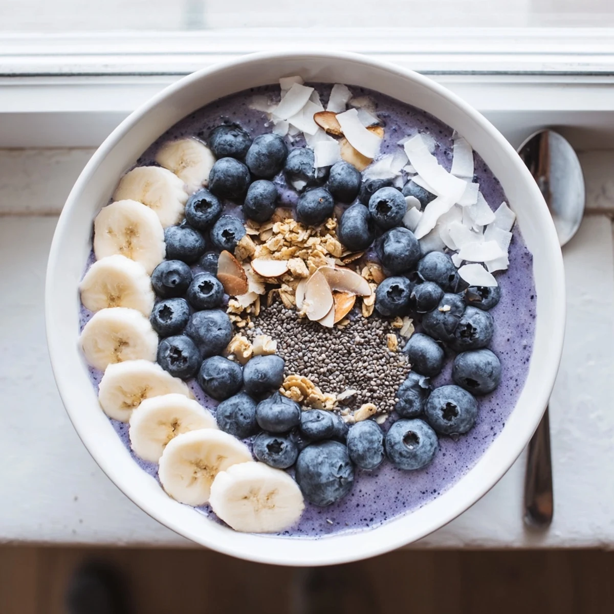 Thick purple smoothie bowl topped with fresh blueberries, chia seeds, granola, and sliced coconut flakes