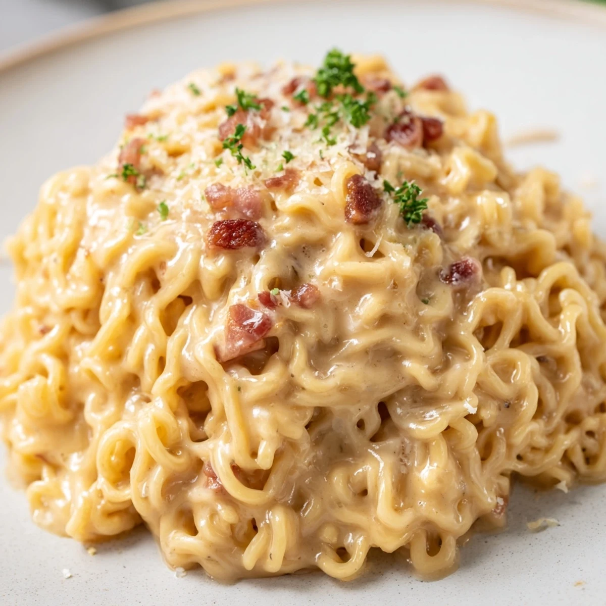 Ramen carbonara featuring curly noodles coated in silky egg Parmesan sauce with crispy bacon bits garnish