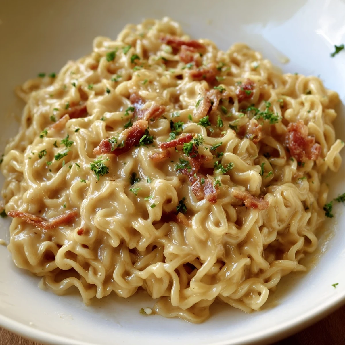 Creamy ramen carbonara fusion dish showcasing twirled noodles topped with golden bacon and fresh parsley