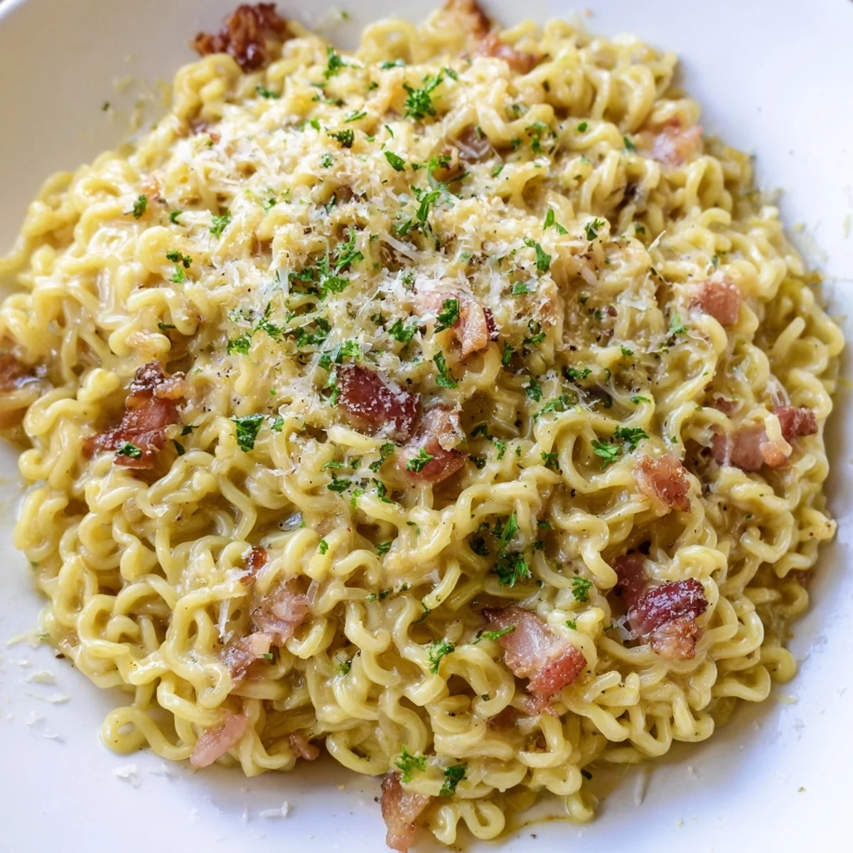 Steaming bowl of ramen carbonara with rich Italian sauce and crispy pancetta pieces over glossy noodles
