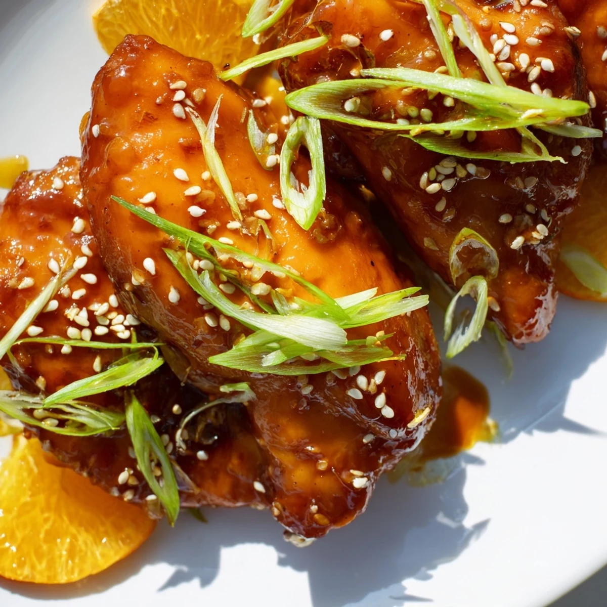 Crispy coated chicken pieces drizzled with tangy orange glaze served alongside crisp tender broccoli and snap peas with red chili flakes