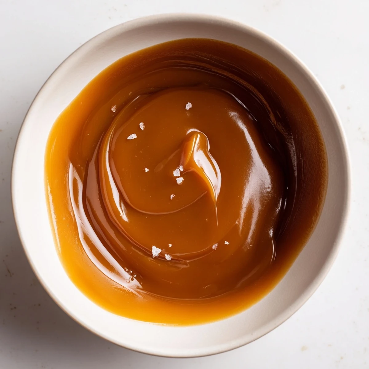Golden easy caramel sauce slowly drizzled from a wooden spoon onto vanilla ice cream