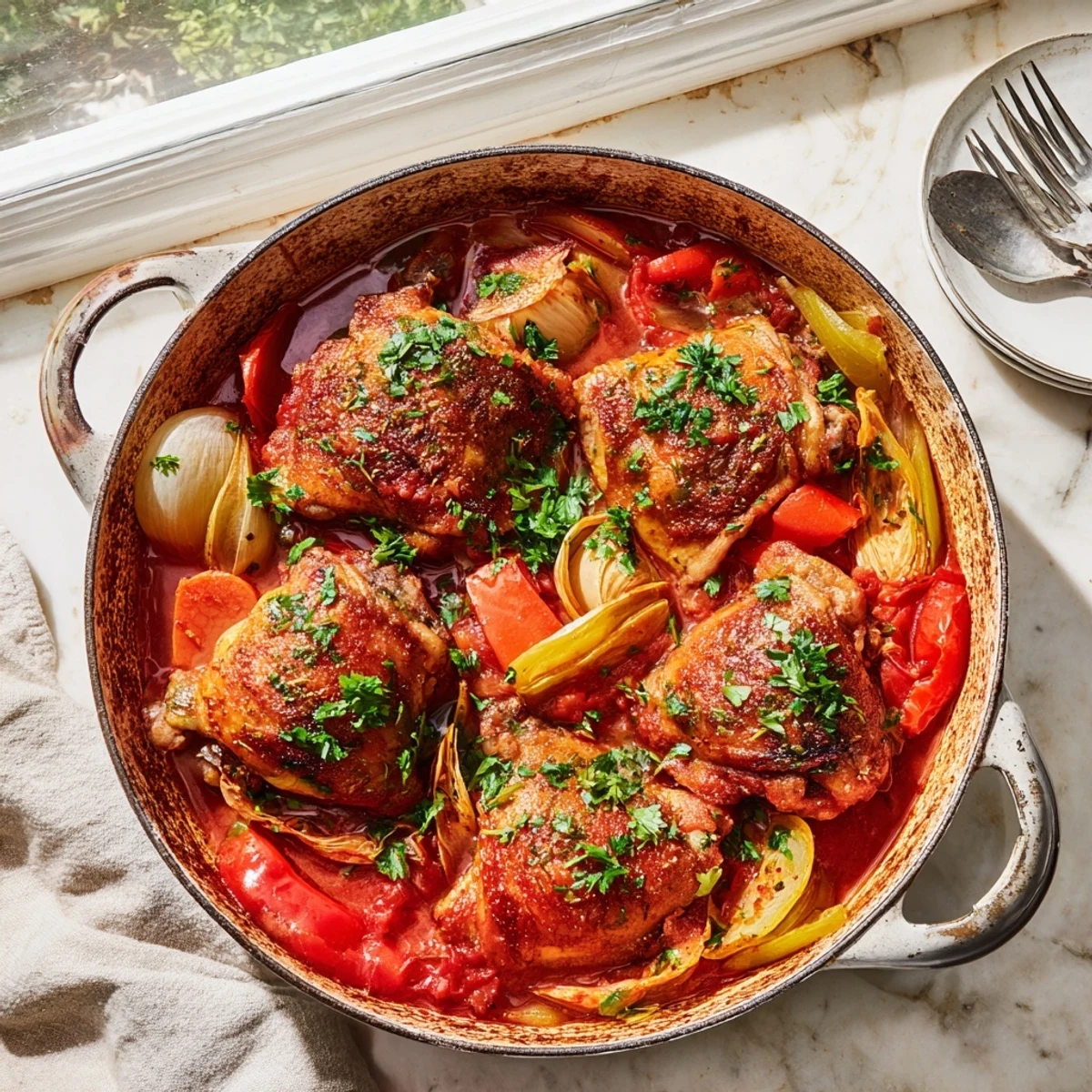 Golden chicken thighs nestled in a rich tomato sauce with colorful vegetables in this Italian braised one pot chicken