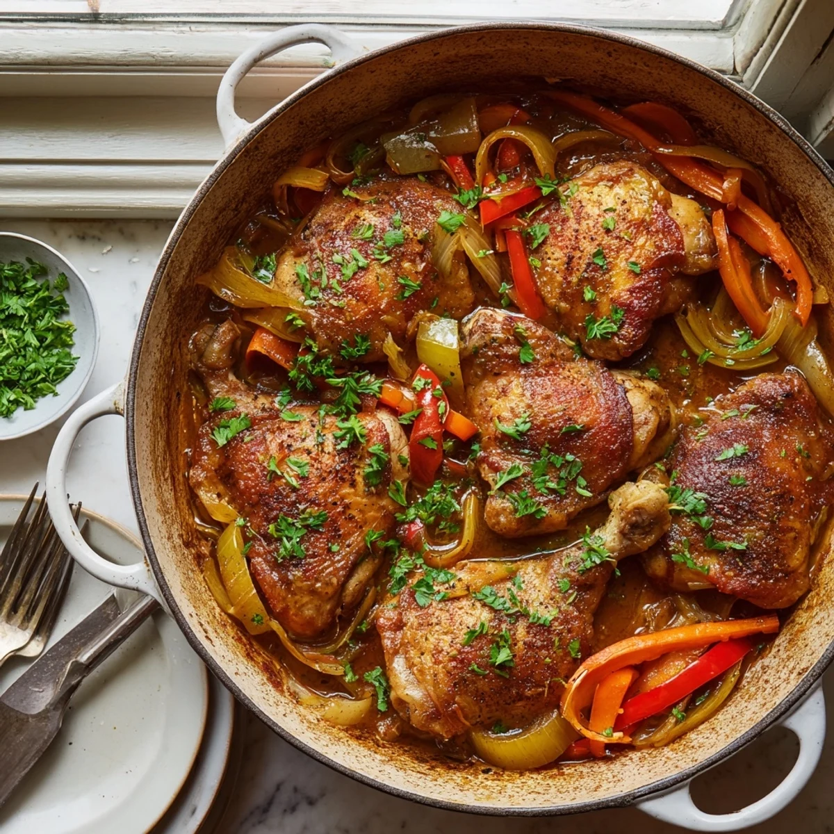 Tender braised chicken swimming in herb-infused tomato broth with carrots, celery, and bell peppers for Italian braised one pot chicken