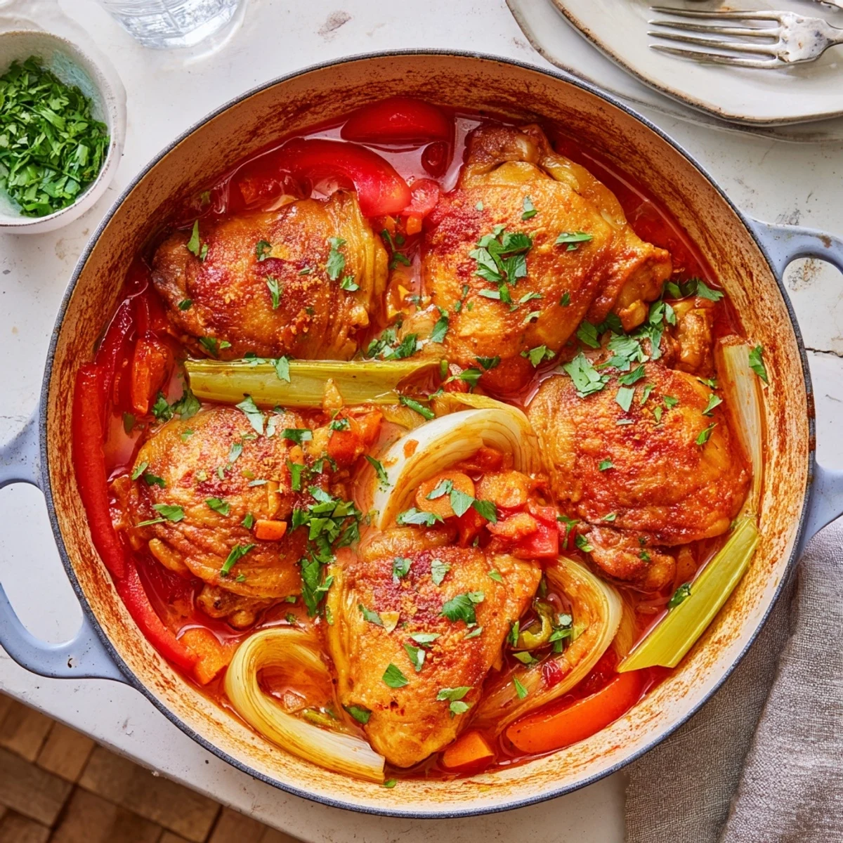 Savory Italian braised one pot chicken featuring seared thighs in a rustic vegetable sauce garnished with fresh parsley