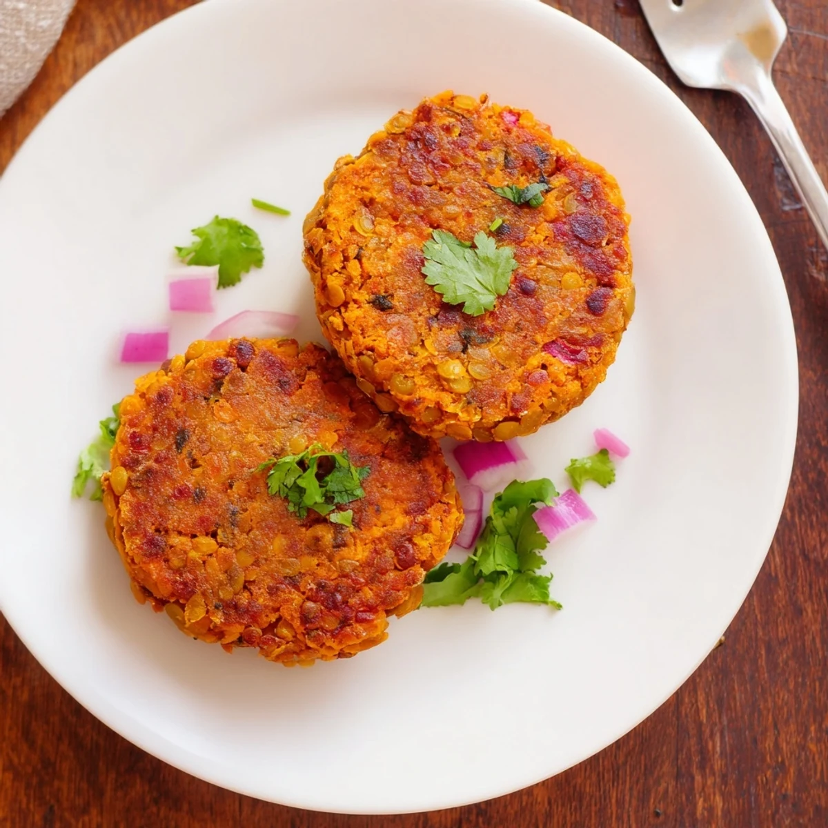 Golden brown sweet potato lentil patties arranged on a white serving plate with fresh cilantro garnish