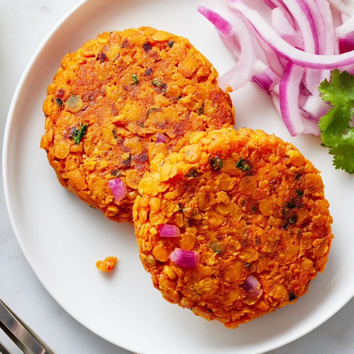 Crispy pan-fried sweet potato patties with lentils served alongside cucumber yogurt dip and lemon wedges