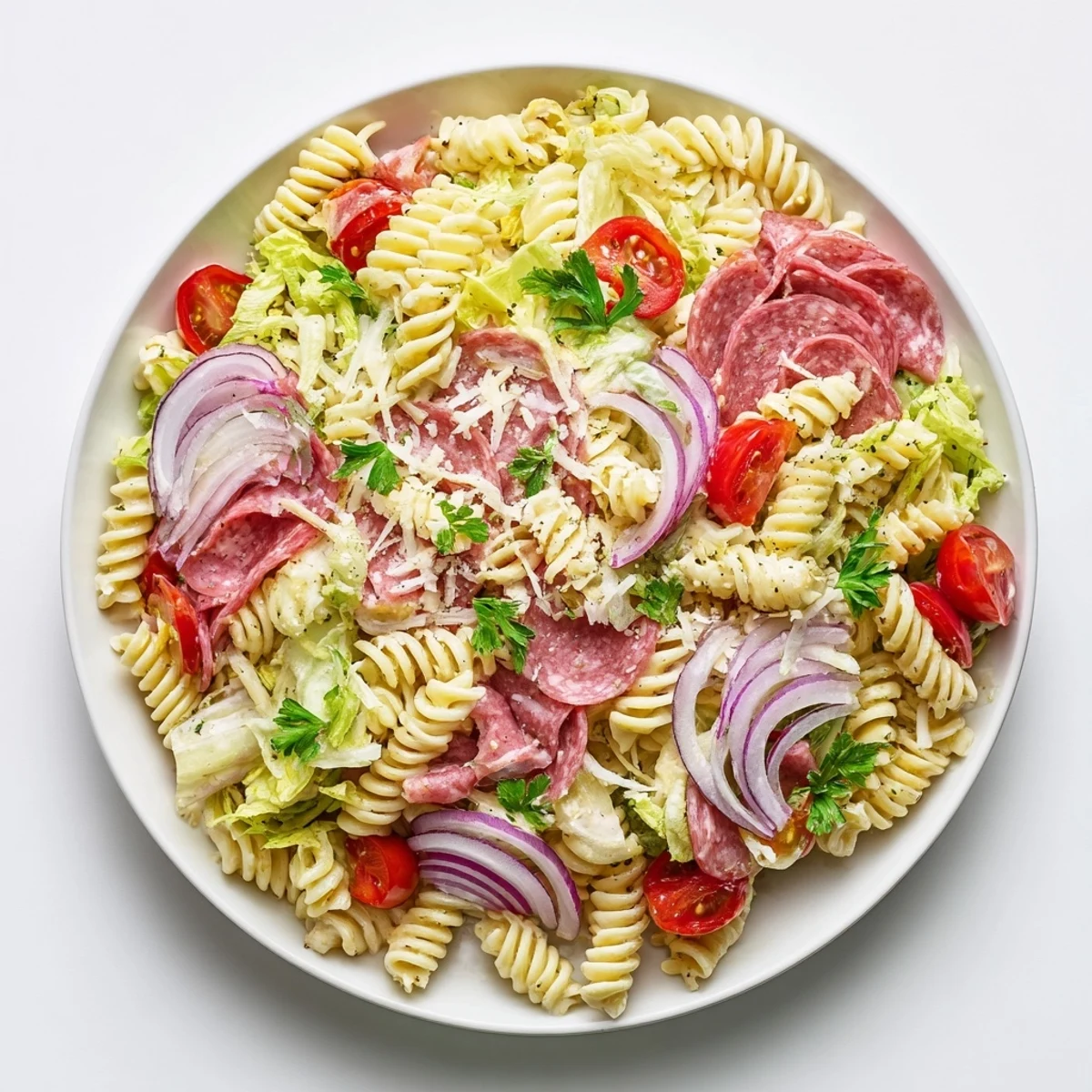 Colorful Italian grinder pasta salad loaded with salami, ham, pepperoni, cheese and crisp vegetables