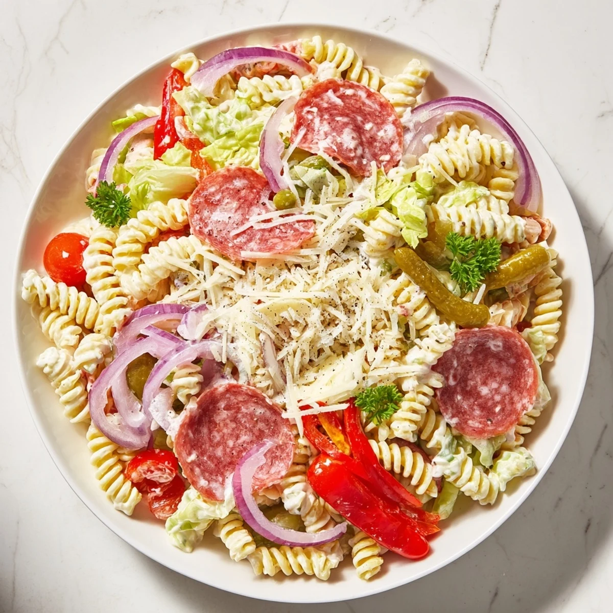 Hearty Italian grinder pasta salad featuring cured meats, provolone and zesty mayonnaise dressing