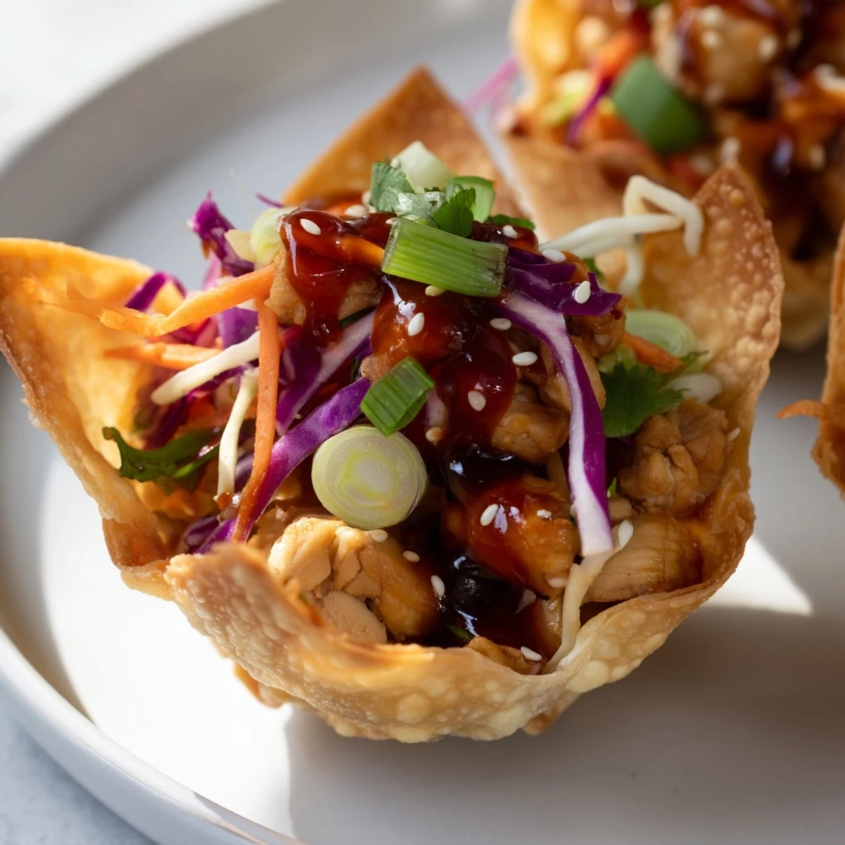 Crispy chicken wonton tacos filled with savory diced chicken and crunchy red cabbage Asian taco slaw