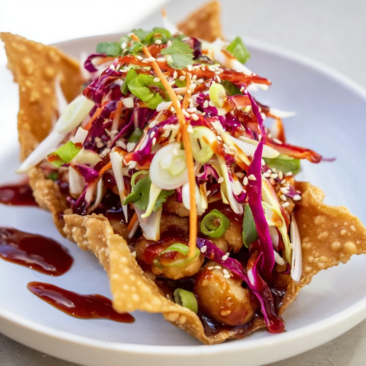 Fusion appetizer of crispy chicken wonton tacos with fresh cilantro slaw and sticky sweet chili glaze