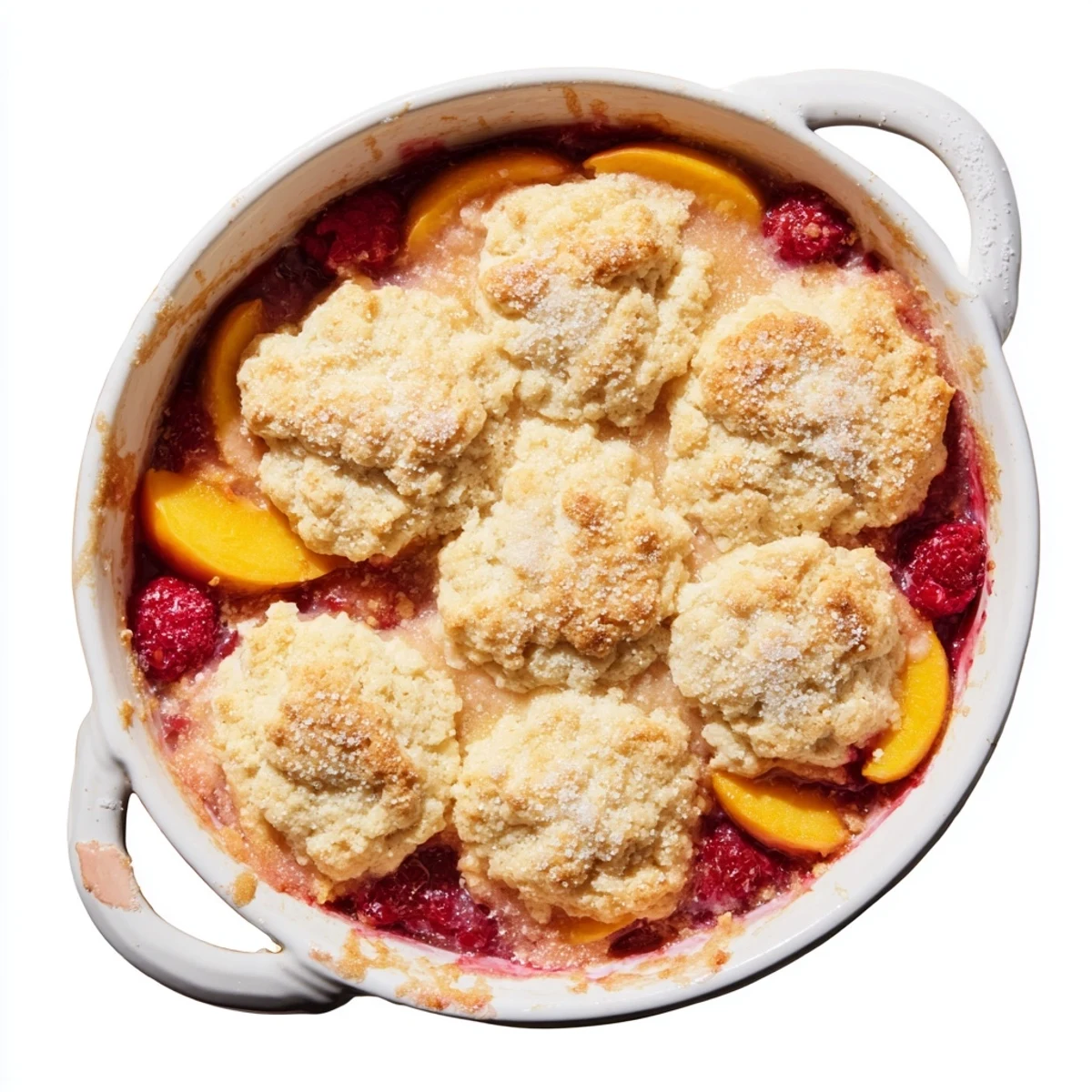 Fresh summer peach and raspberry cobbler with red berry juices bubbling up around flaky biscuits