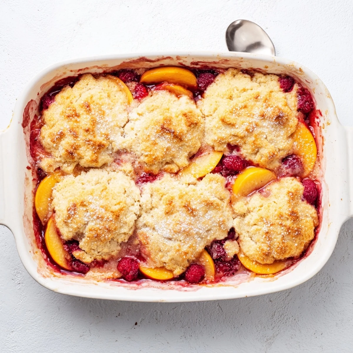 Warm peach and raspberry cobbler with scoops of vanilla ice cream melting over the golden crust