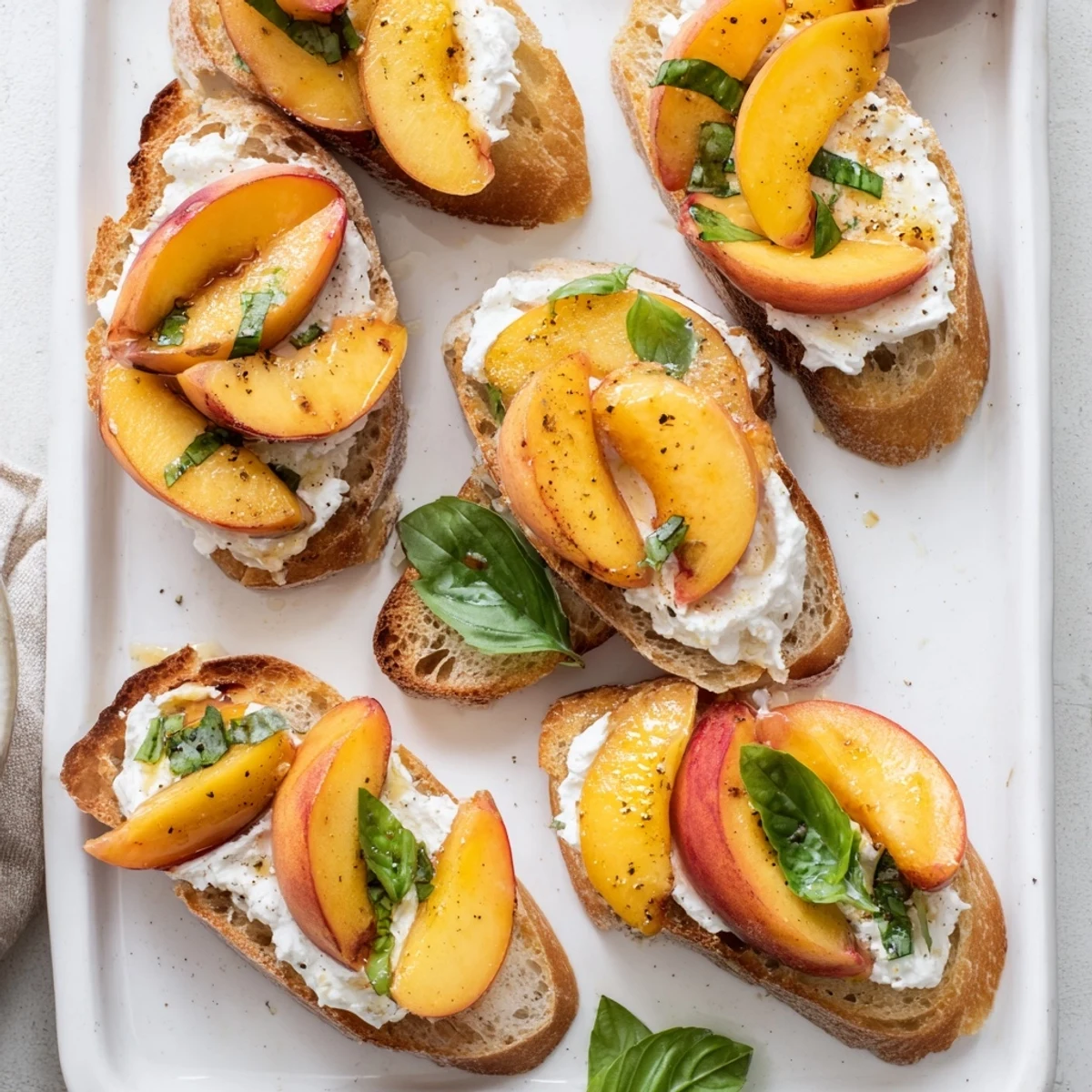 Golden toasted baguette slices spread with creamy whipped ricotta topped with fresh peach slices and green basil garnish