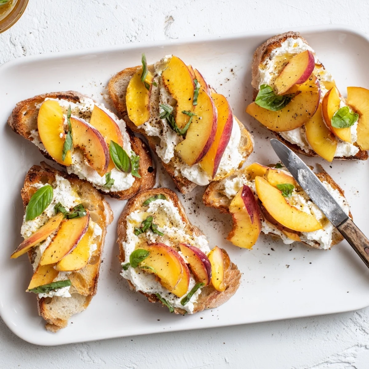 Summer appetizer featuring peach bruschetta with whipped ricotta on crisp bread sprinkled with black pepper and flaky salt